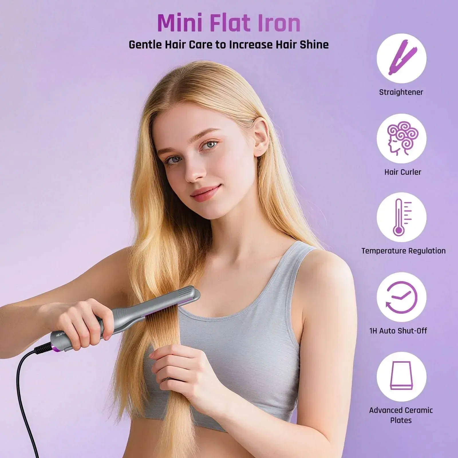 NEXPURE 1/2" Flat Iron Hair Straightener & Curler, 2 in 1 Ceramic Mini Straightener, Travel Iron, 30s Fast Heat Up, Purple - Image 8