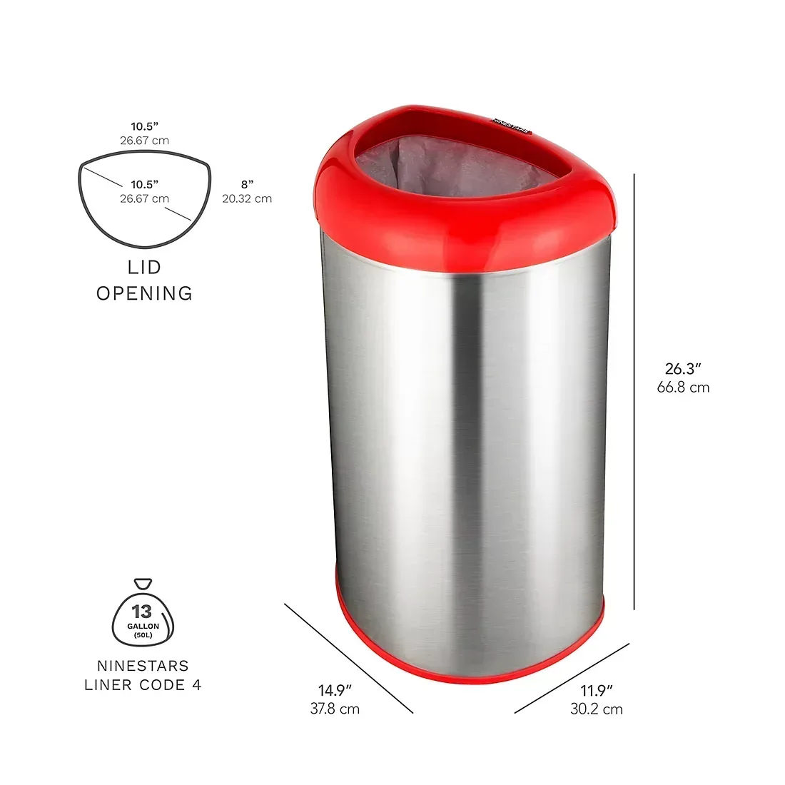Nine Stars 13.2-Gal. Stainless Steel Open Top Trash Can - Red - Image 5