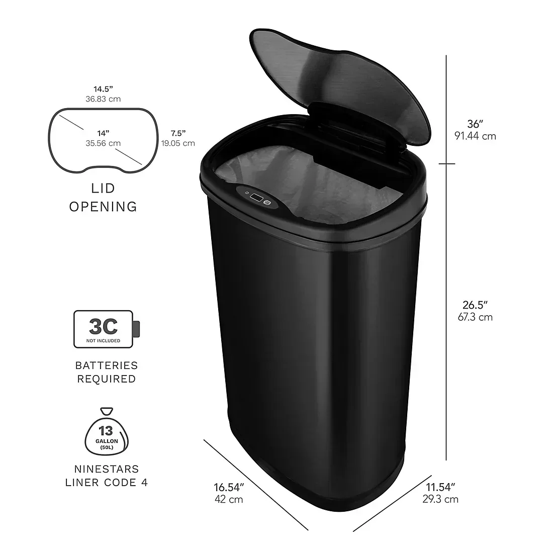 Nine Stars 13.2-Gal. Stainless Steel Sensor Trash Can - Black - Image 4