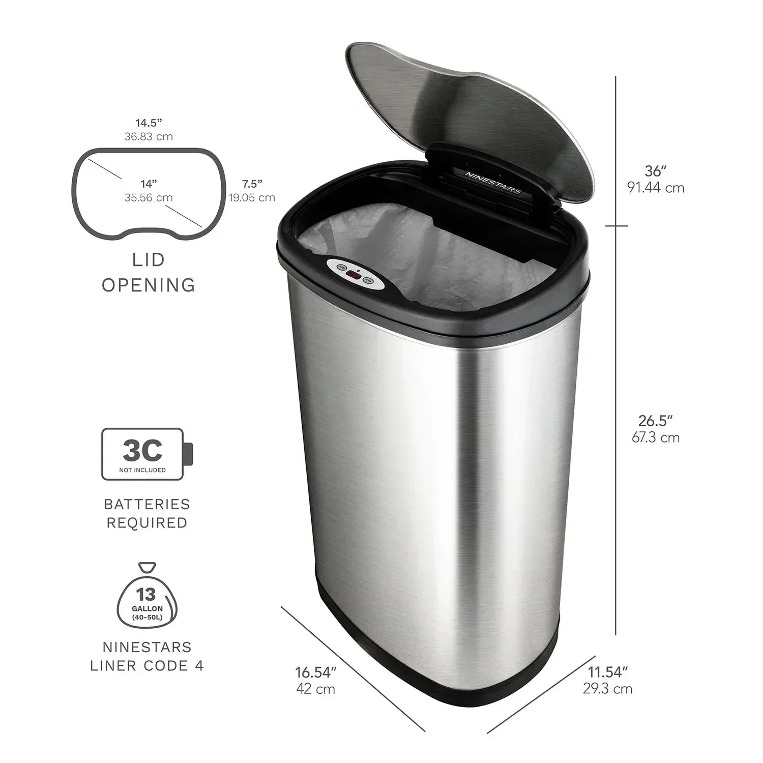 Nine Stars Sensor Trash Cans, Stainless Steel 13.2 gal./3.2 gal. - Image 3
