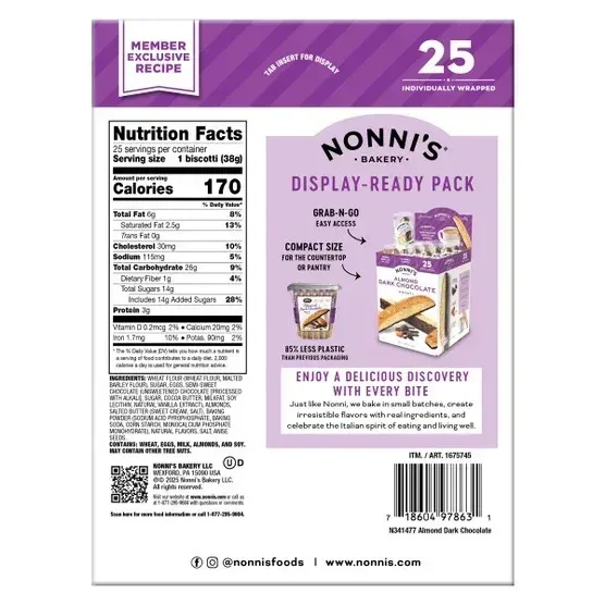 Nonni’s Biscotti, Almond Dark Chocolate, 1.34 oz, 25-count - Image 2