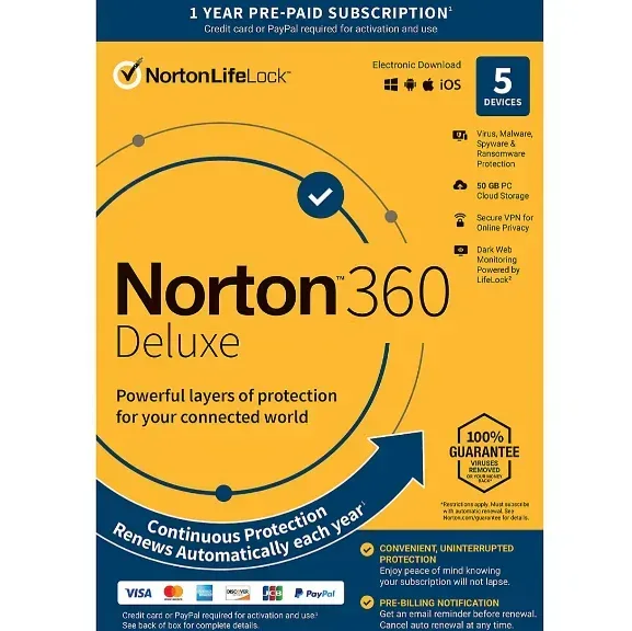 Norton 360 Deluxe, 5 Devices, 1-Year Subscription with Auto Renewal
