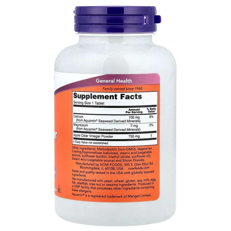 NOW Foods, Apple Cider Vinegar, 750 mg, 180 Tablets - Image 2