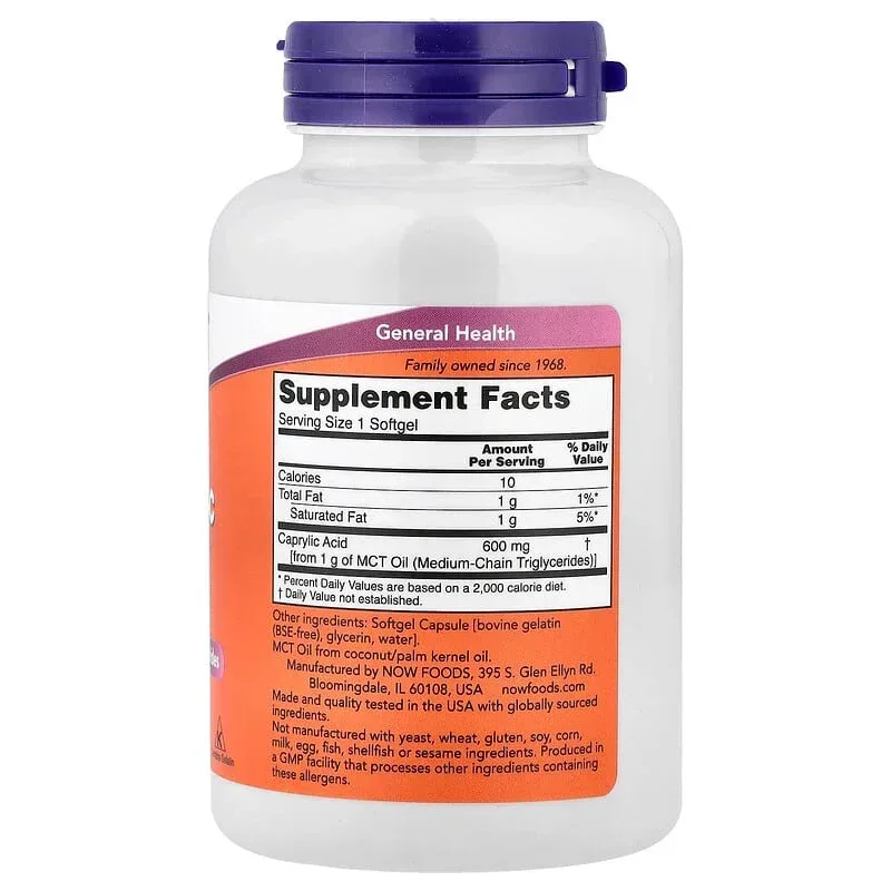 NOW Foods, Caprylic Acid, 600 mg, 100 Softgels - Image 2