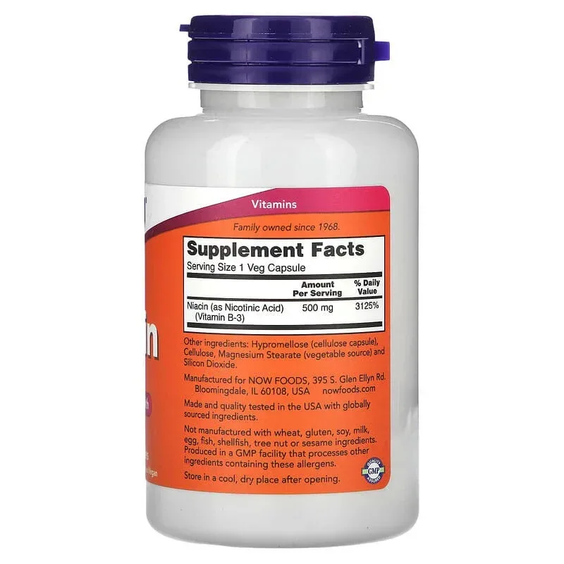 NOW Foods, Niacin, 500 mg, 100 Veg Capsules - Image 3