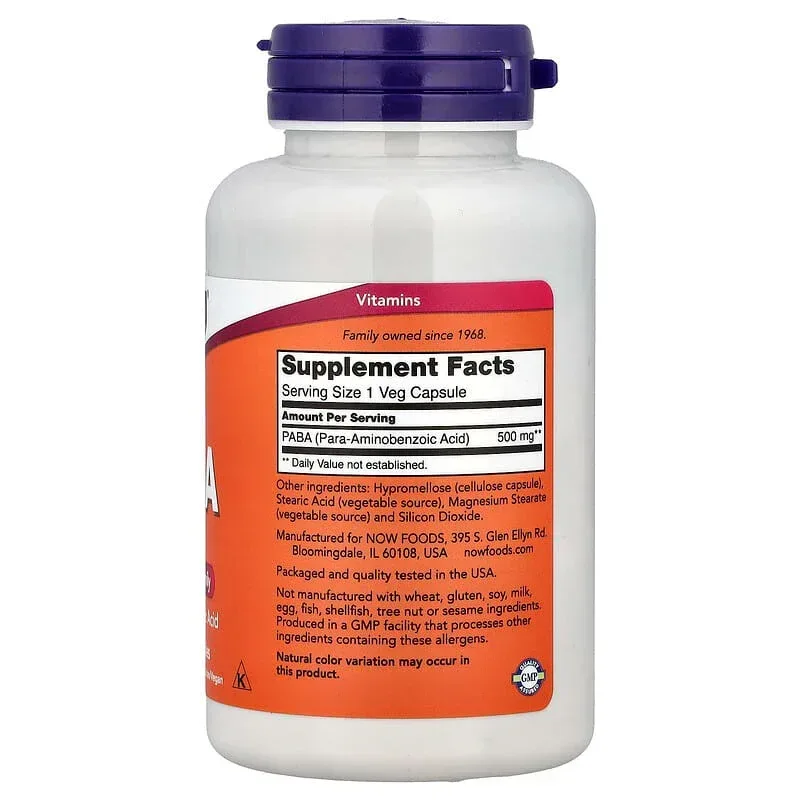 NOW Foods, PABA, 500 mg, 100 Veg Capsules - Image 2