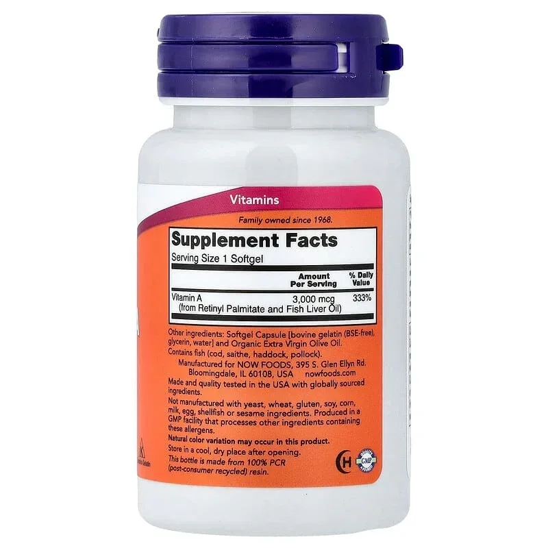 NOW Foods, Vitamin A, 3,000 mcg (10,000 IU), 100 Softgels - Image 2