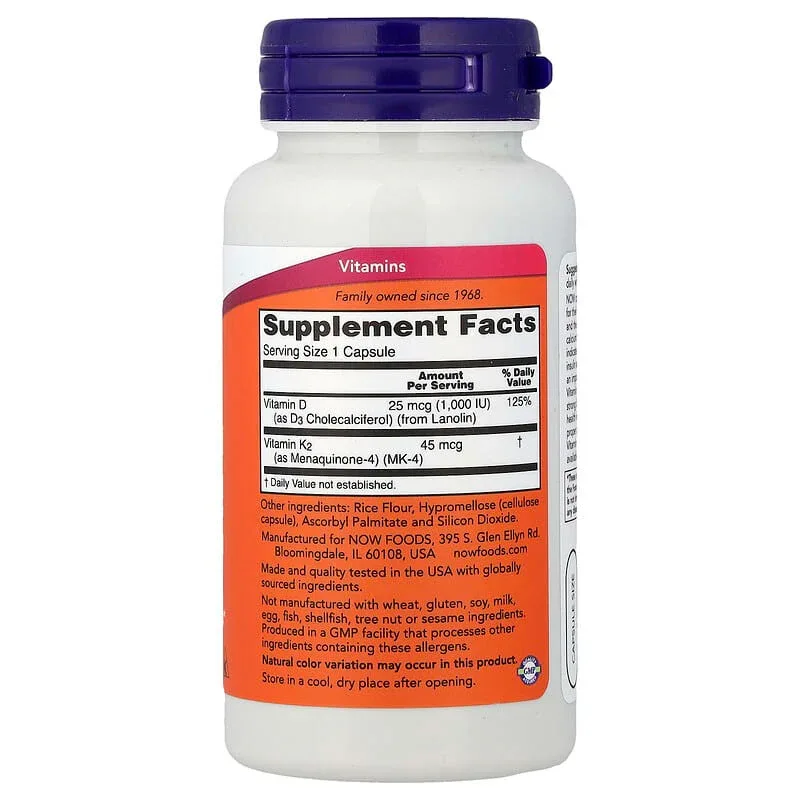 NOW Foods, Vitamin D3 & K2, Capsules - Image 2