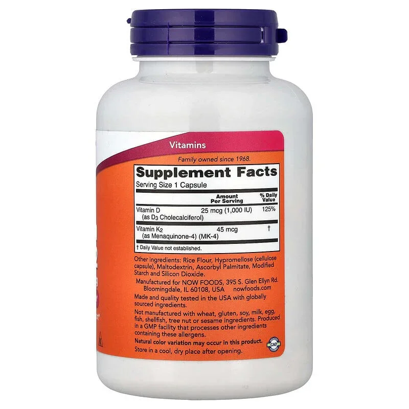 NOW Foods, Vitamin D3 & K2, Capsules - Image 9