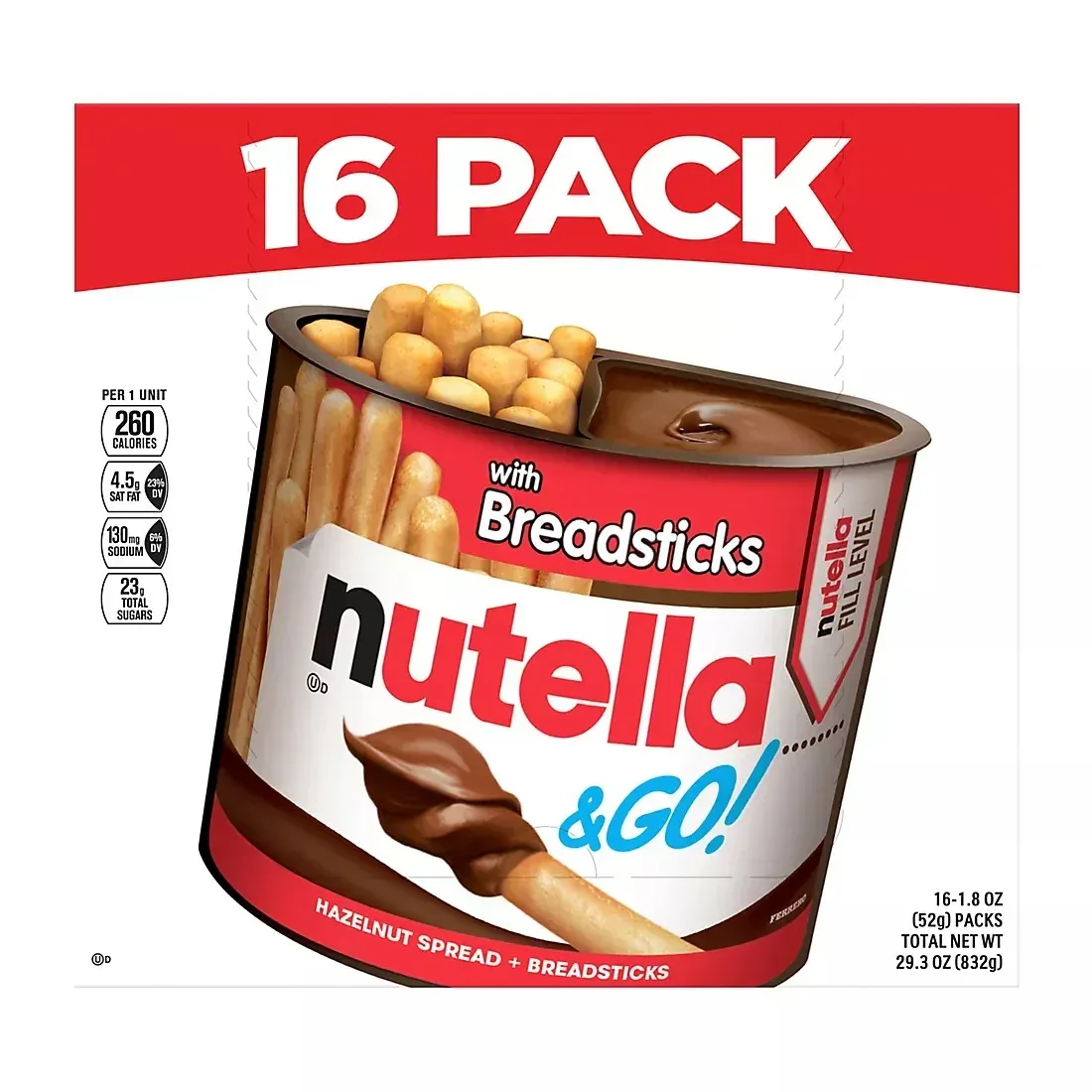 Nutella & Go! Hazelnut Spread with Breadsticks, On-the-Go Snack Cups, Snack Packs, 16 ct./1.8 oz.