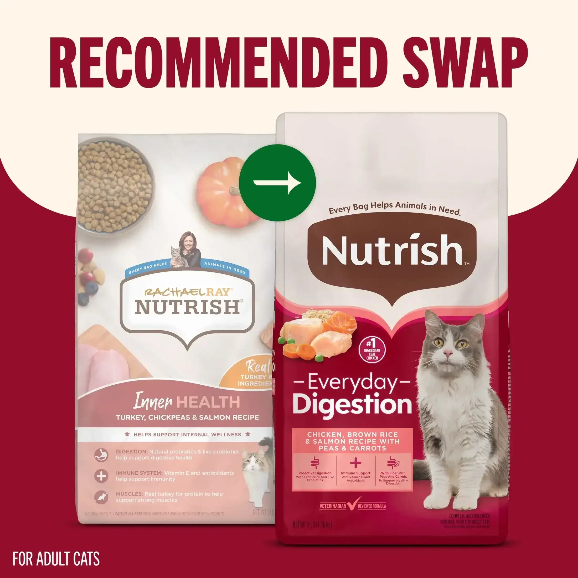 Nutrish Everyday Digestion Chicken Brown Rice and Salmon Recipe with Veggies Dry Cat Food, 13lb Bag - Image 2