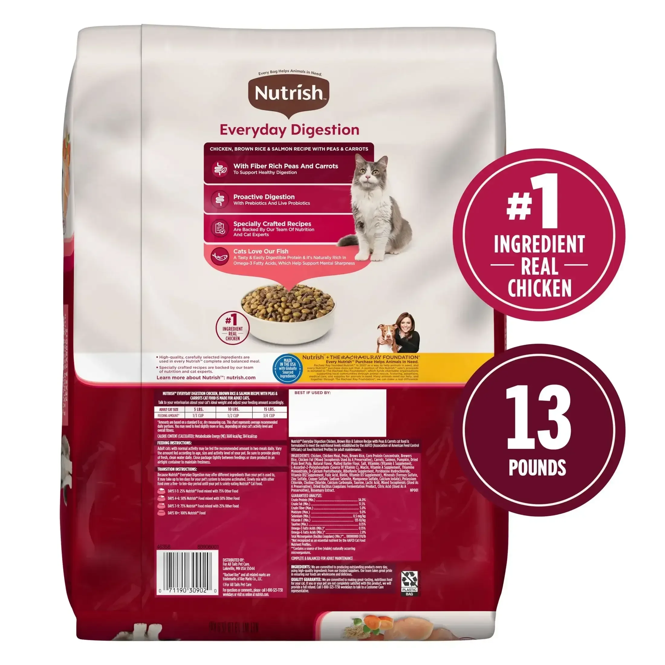 Nutrish Everyday Digestion Chicken Brown Rice and Salmon Recipe with Veggies Dry Cat Food, 13lb Bag - Image 3