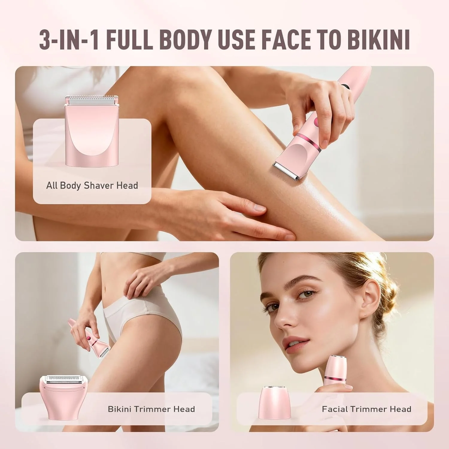 Obacre Bikini Trimmer for Women, 3 in 1 Electric Razors for Women, IPX7 Waterproof Wet Dry Body Shaver Pubic Hair Trimmer Facial Hair Remover with Ceramic Blade USB Recharge Dock Gift for Women - Image 3