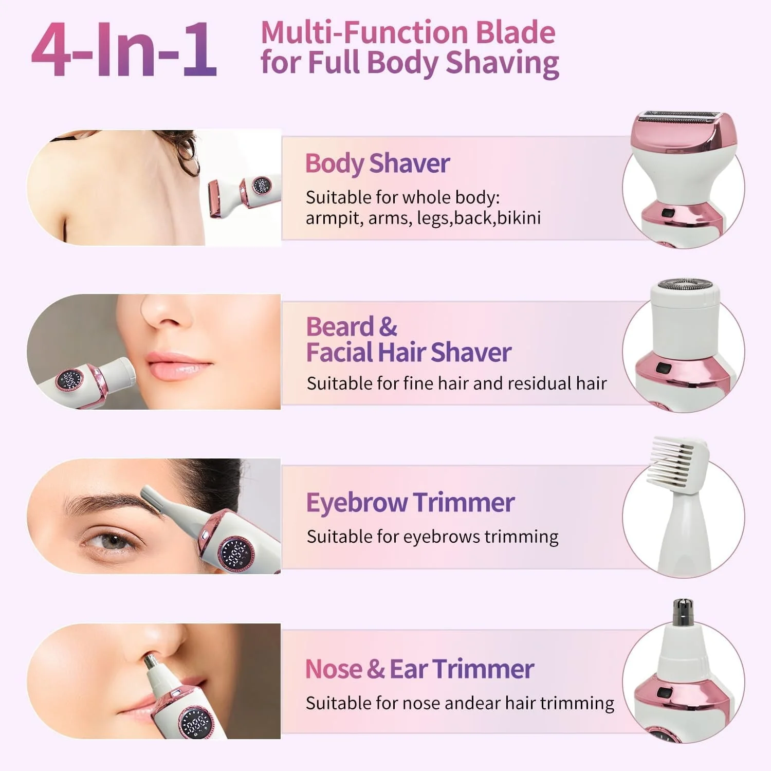 OBACRE Bikini Trimmer for Women,4-in-1 Electric Razors for Women,IPX7 Waterproof Rechargeable Cordless Pubic Hair Shaver with LED Display for Ladies Bikini Pubic, Face, Underarms, Legs - Image 8