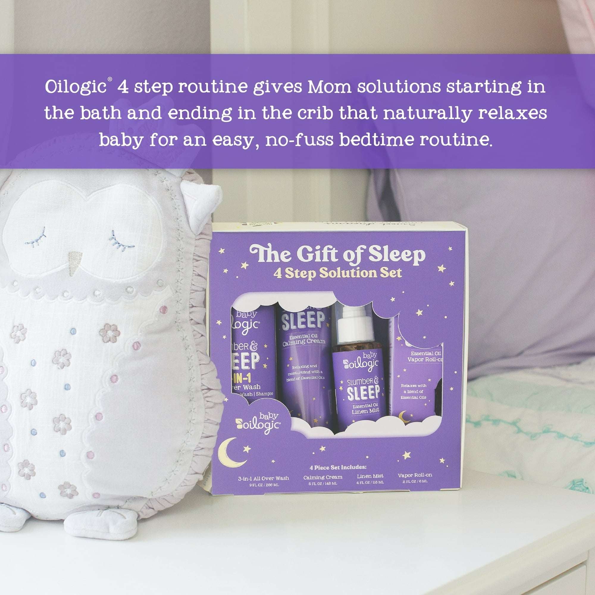 Oilogic, The Gift of Sleep, Baby Sleep Bundle using Essential Oils, Essential Oil Roll on .2 oz, All-Over Wash 9 oz, Calming Cream 5 oz, Linen Mist, 4 oz - Image 2