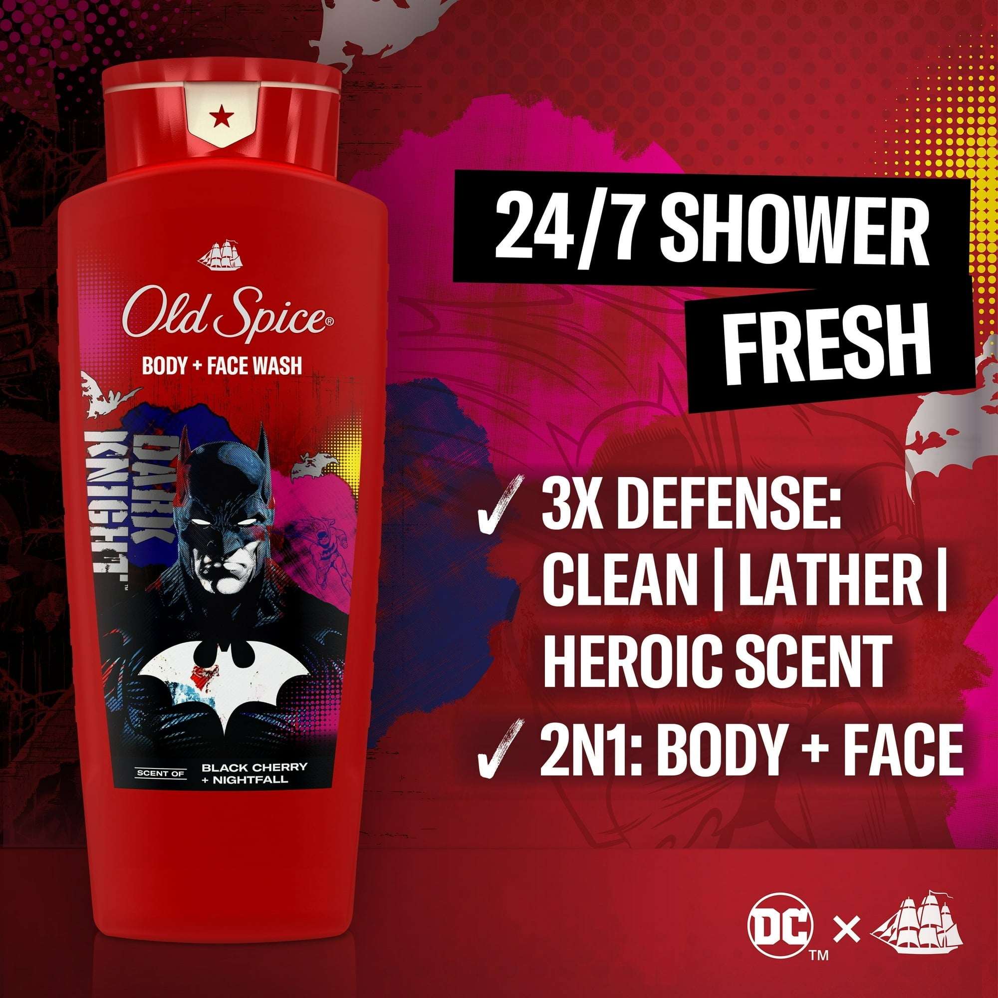 Old Spice Cleansing Body Wash for Men, 24/7 Shower Fresh, 2 in 1 Body and Face Wash, Rich Lather, Batman, Black Cherry and Nightfall Scent, 24oz - Image 2