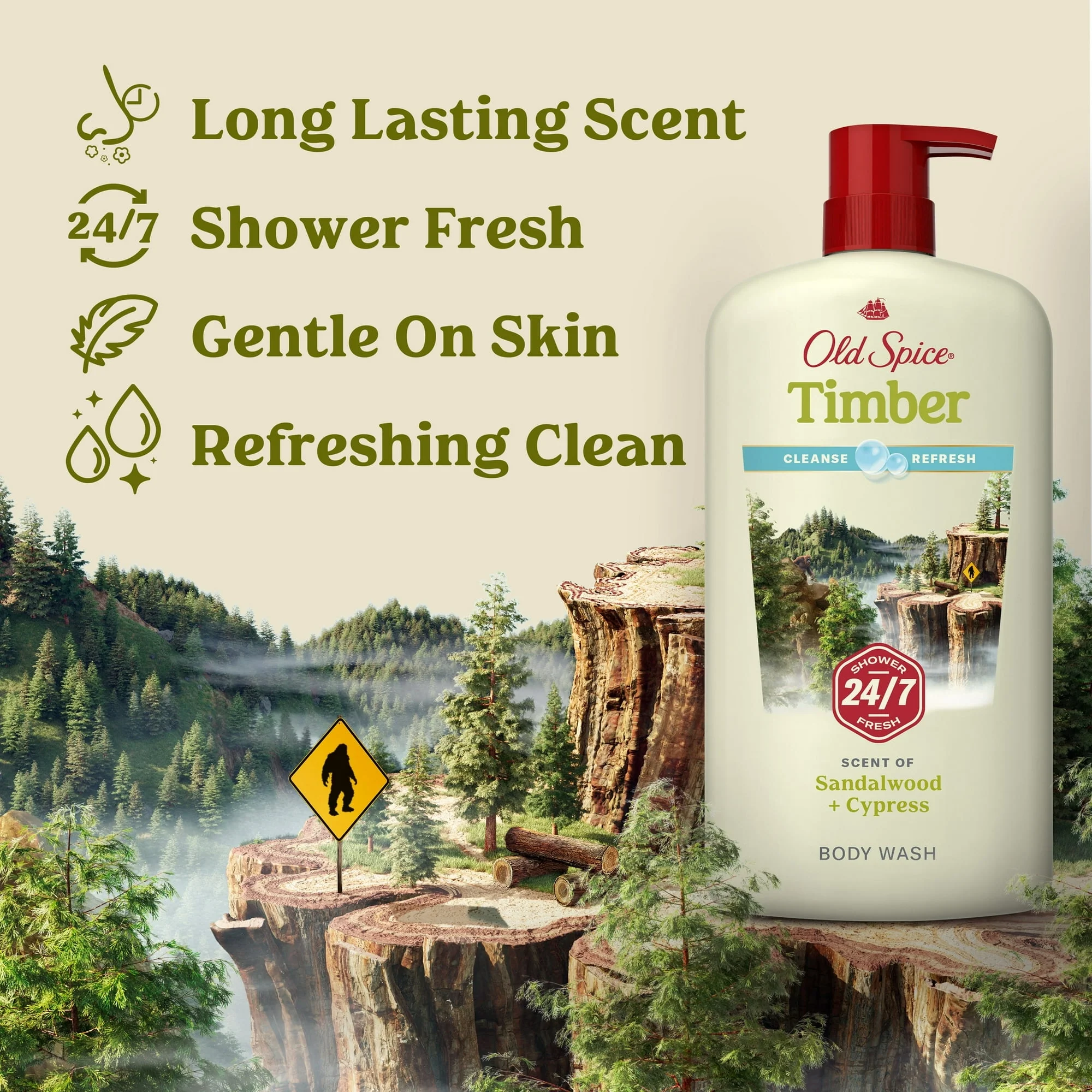 Old Spice Men's Body Wash Timber with Sandalwood, 24/7 Shower Fresh, 30 oz - Image 2
