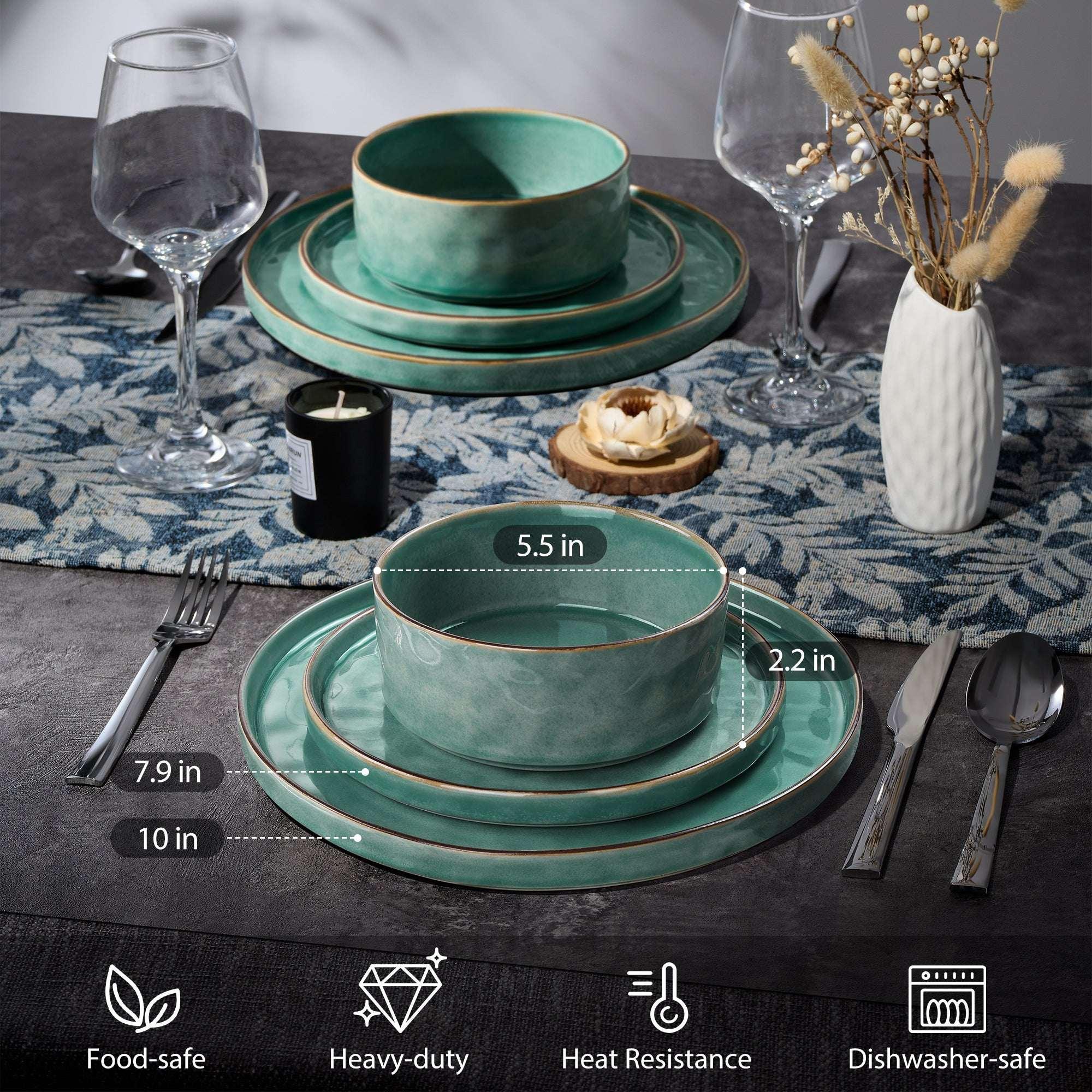 Onader Dinnerware Sets for 6, 18-Piece Plates and Bowls Set, Stoneware Dish Set for Kitchen, Ceramic Dinnerware for Home Restaurant, Chip and Scratch Resistant, Microwave and Dishwash, Reactive Green - Image 2