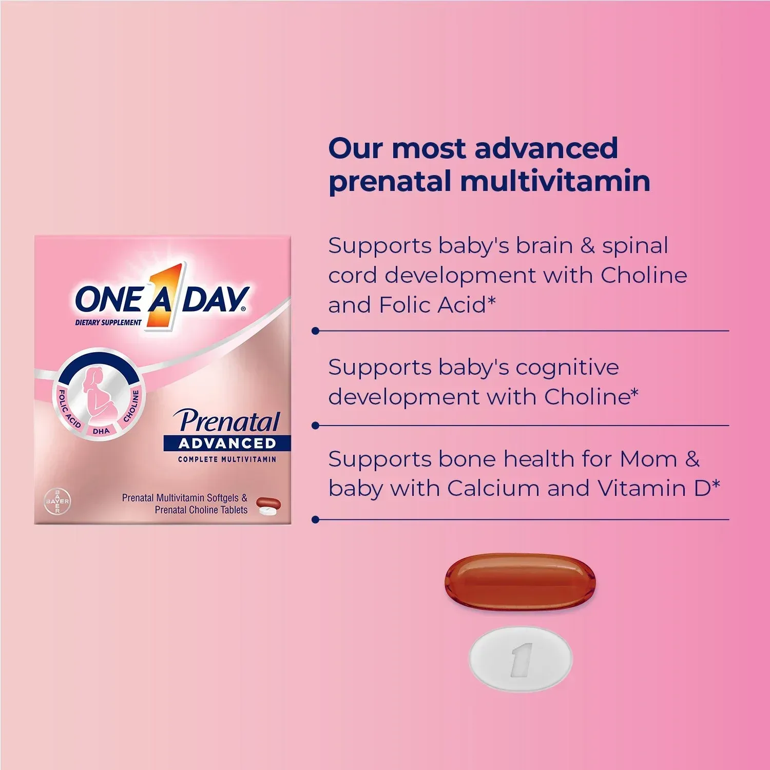 One A Day Women's Prenatal Advanced Mulitvitamins Softgels & Prenatal Choline Tablets 2 pk., 90 ct. - Image 4