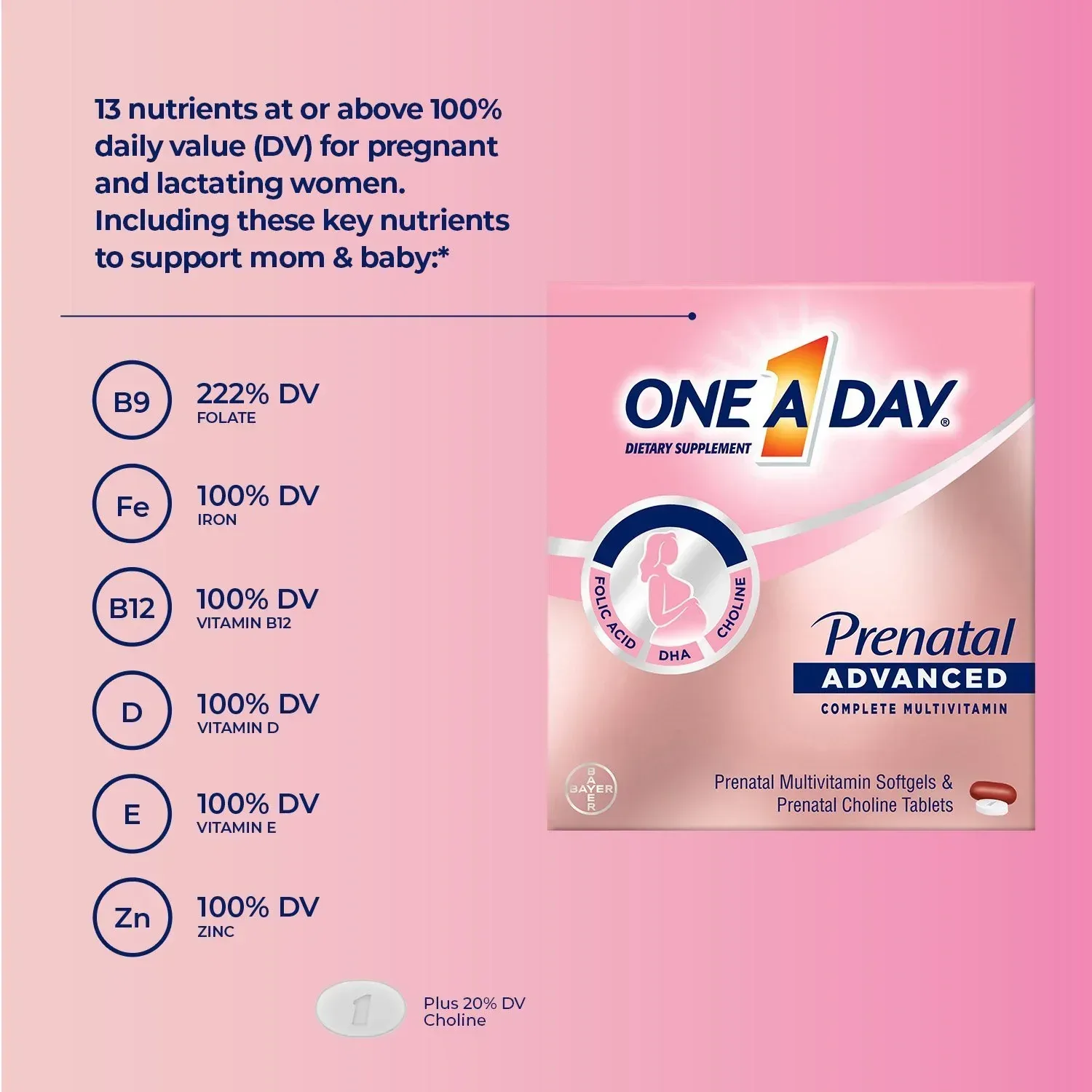 One A Day Women's Prenatal Advanced Mulitvitamins Softgels & Prenatal Choline Tablets 2 pk., 90 ct. - Image 5
