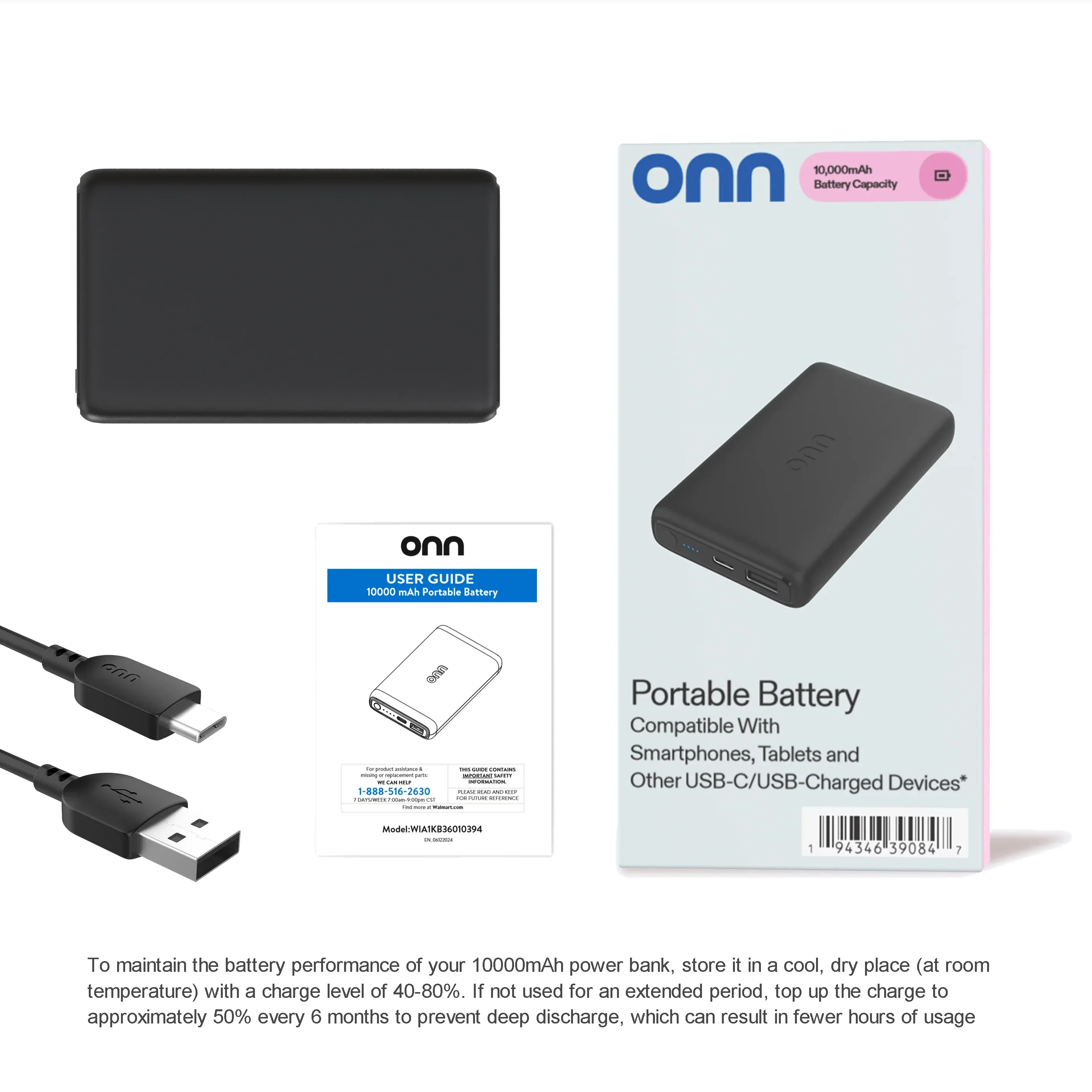 onn 10,000 mAh Dual USB-C/USB-A Port Portable Battery, Black - Image 2