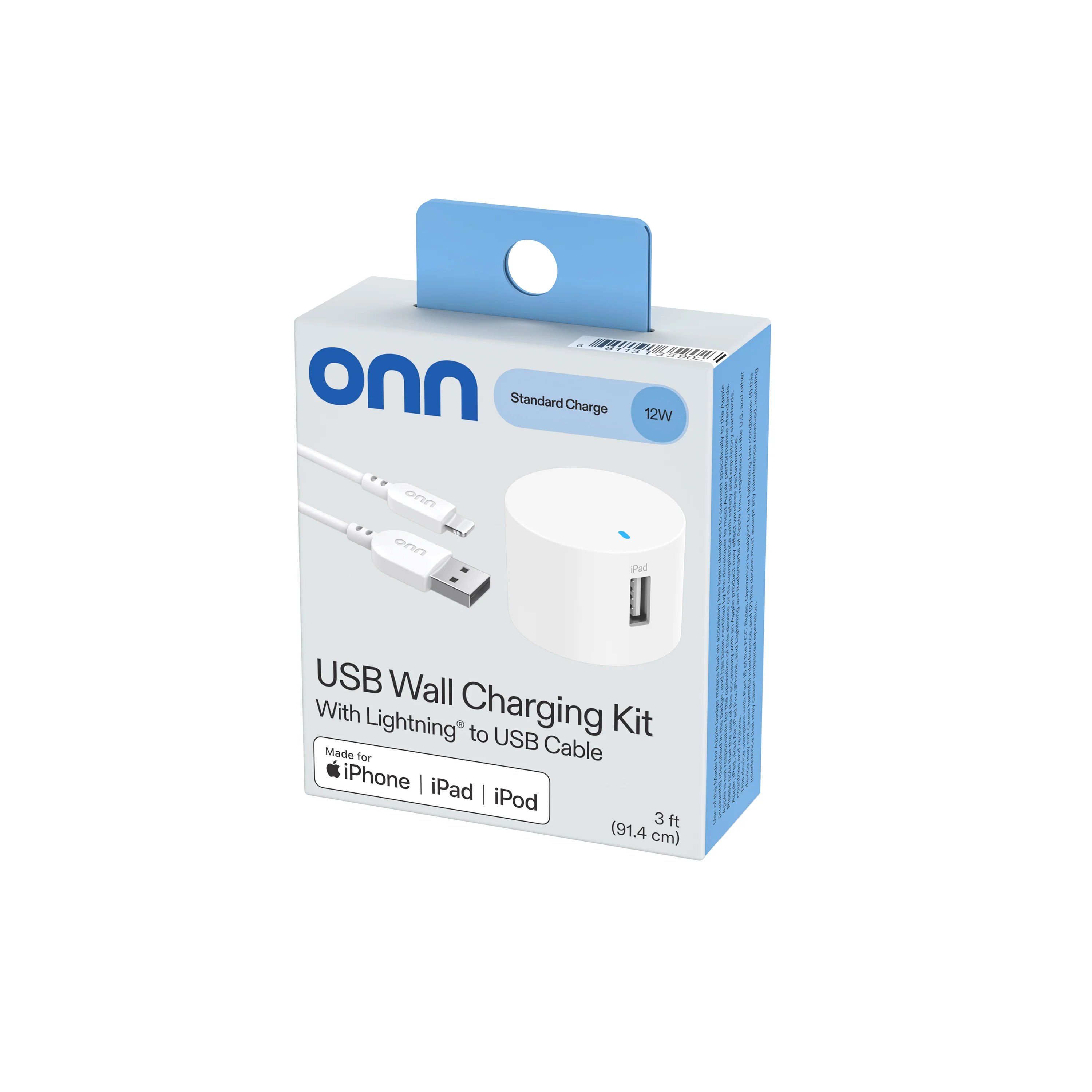 onn 12W Single USB-A Port Wall Charger with 3ft Lightning to USB Cable, MFI Certified Foldable Plug, White - Compatible with iPhone 14/13/12/11/X/XR/XS/8/7/6/5, iPad, Airpods and more - Image 7
