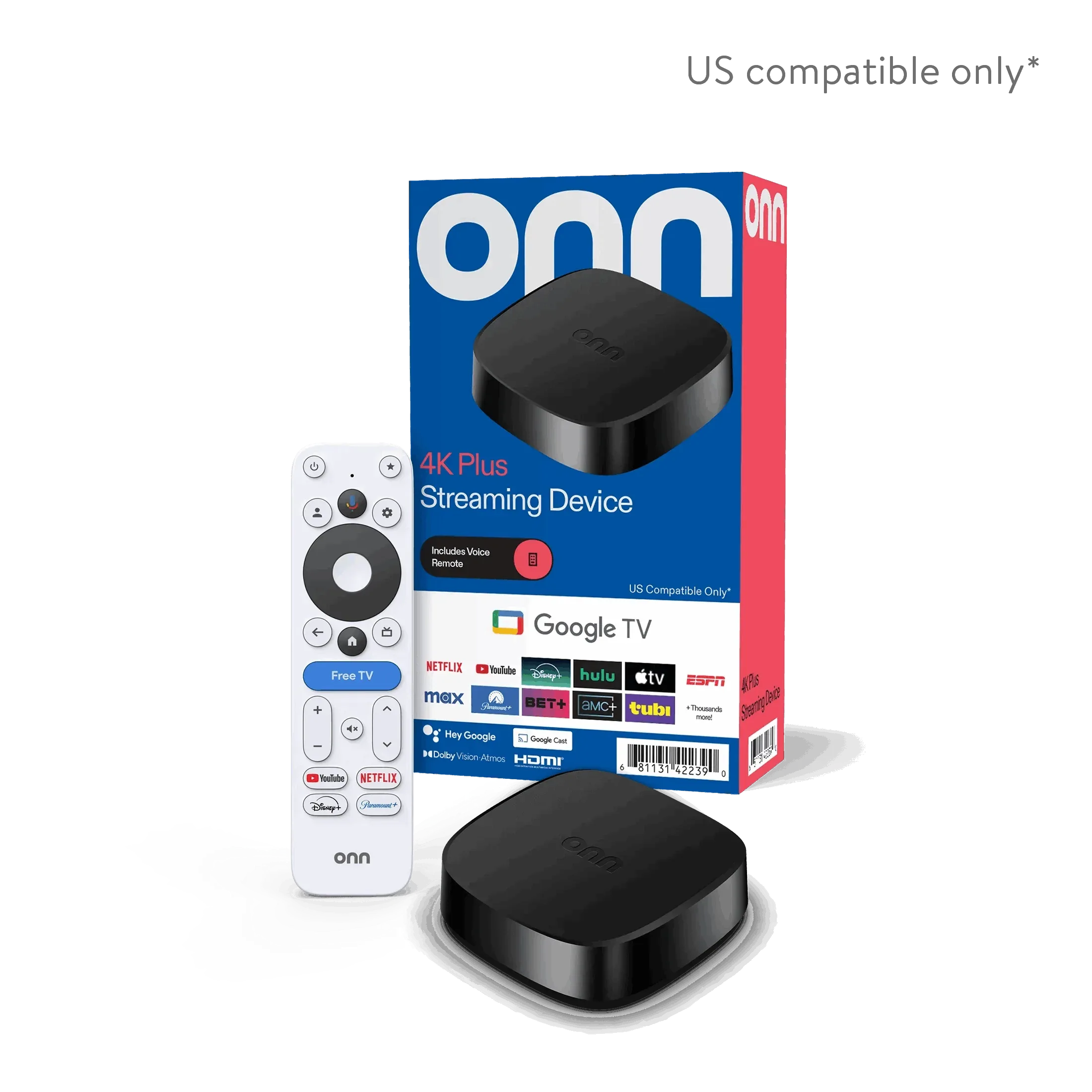 onn 4K Plus Streaming Device, Google TV - Ultra-fast Streaming, Stunning 4K UHD, 16GB Storage, 2GB RAM, Dolby Vision & Atmos, Remote with Voice Control