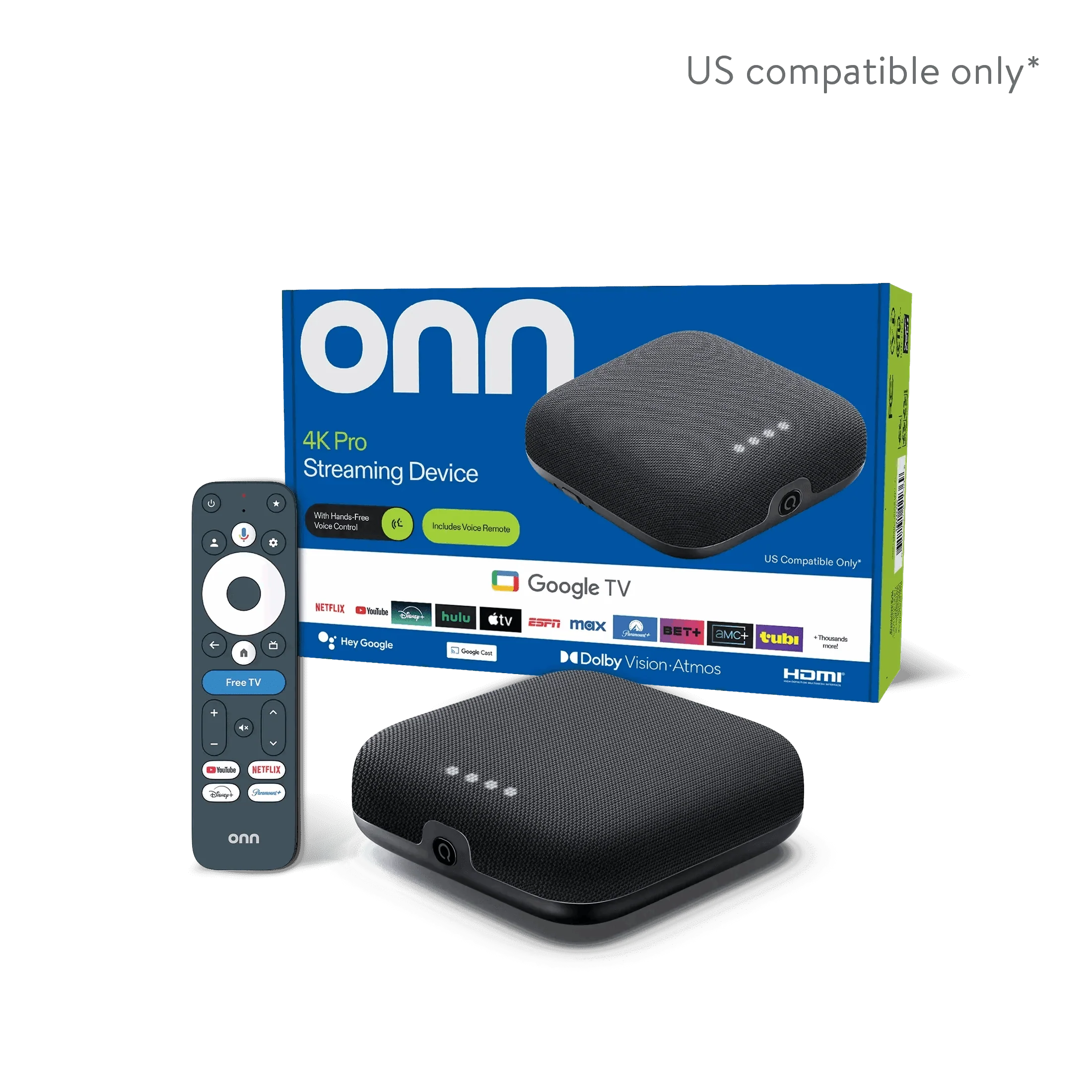 onn 4K Pro Streaming Device, Google TV with Gemini* - Ultra-fast Streaming, Stunning 4K UHD, 32GB Storage, 3GB RAM, Dolby Vision & Atmos, Find My Remote with Backlight, Ethernet Port