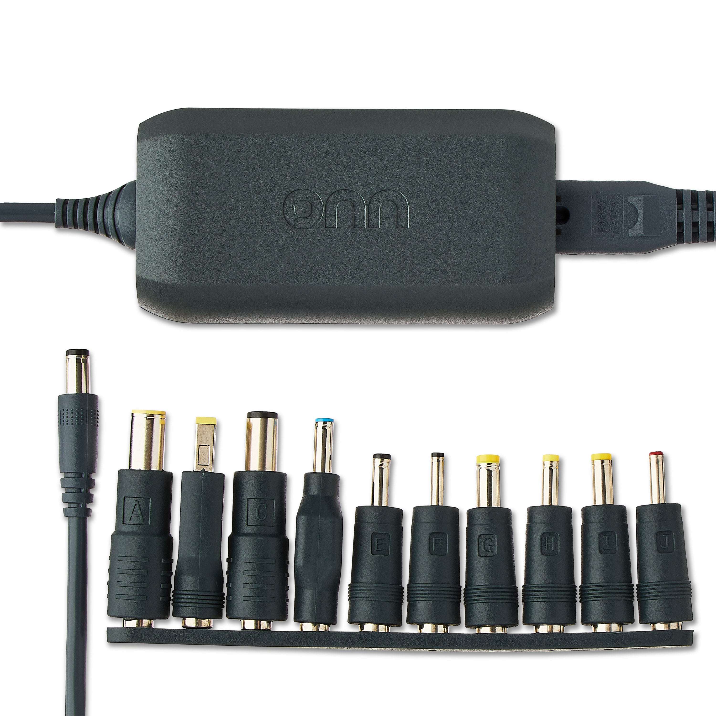 onn 65W Laptop Charger with 10 Interchangeable Tips, 10ft Power Cord, for HP, Dell, Lenovo, Grey