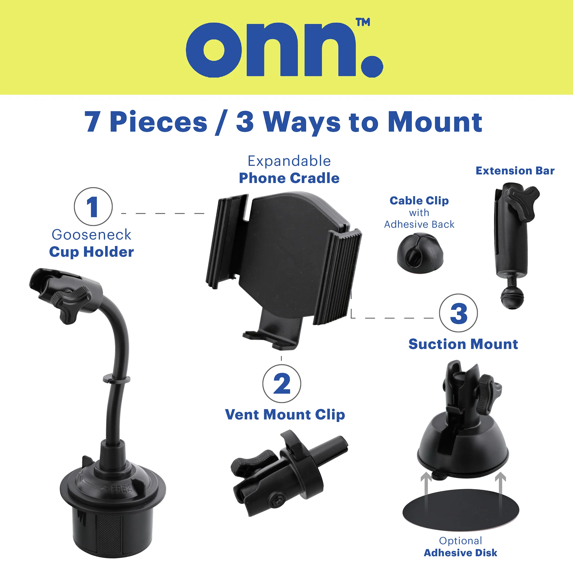 onn. 7-in-1 Universal Car Phone Mount Kit, Cup Holder, Vent, Dash, Windshield with Adjustable Ball Joint - Image 2