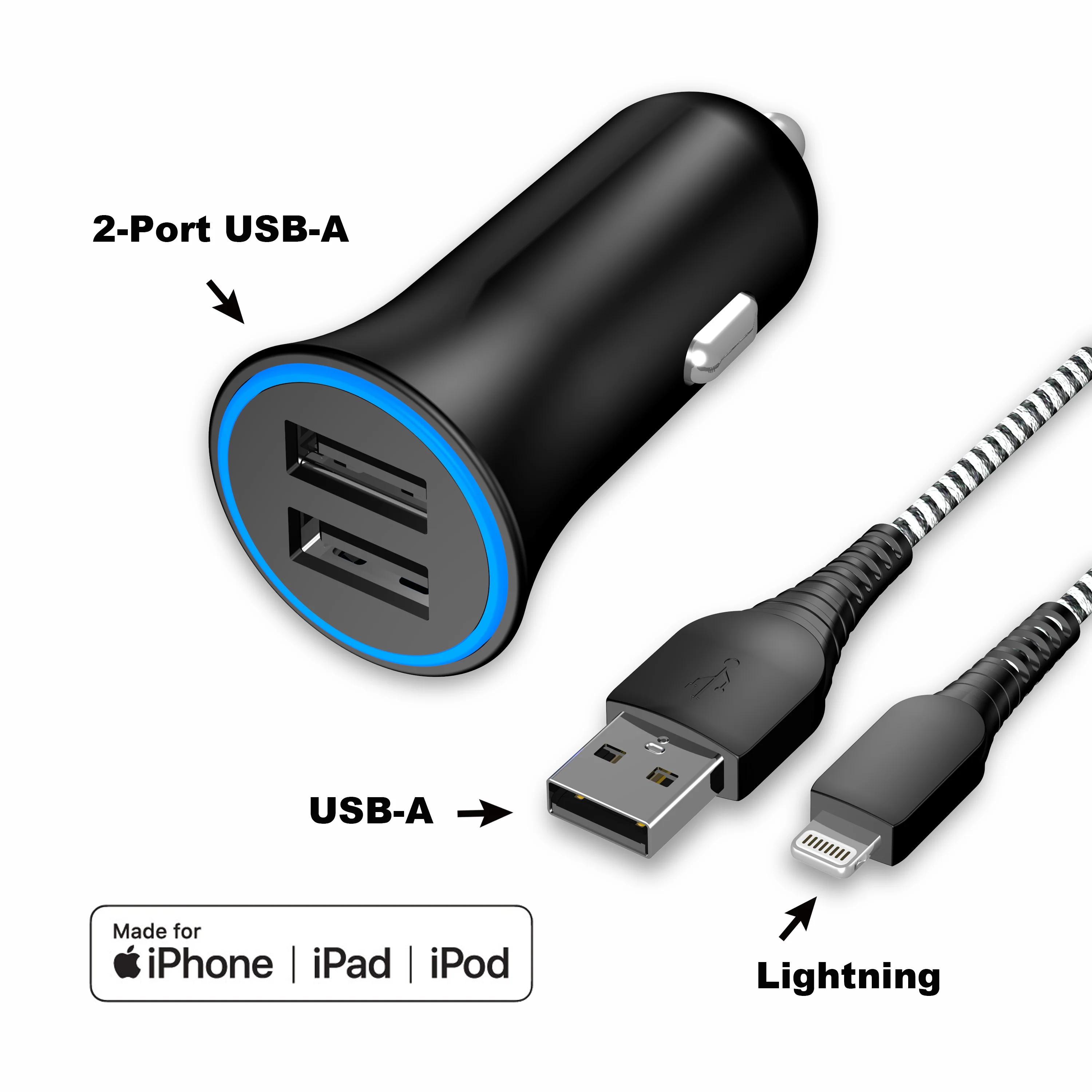 onn. Dual-Port Car Charging Kit with Lightning to USB Cable, White - Image 10