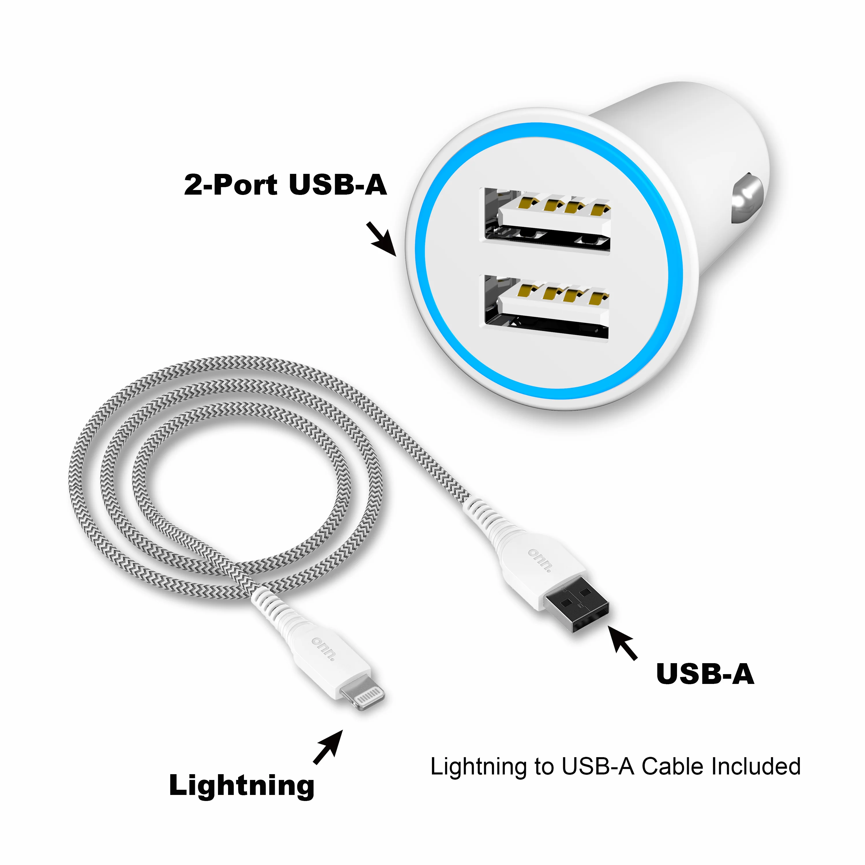 onn. Dual-Port Car Charging Kit with Lightning to USB Cable, White - Image 4
