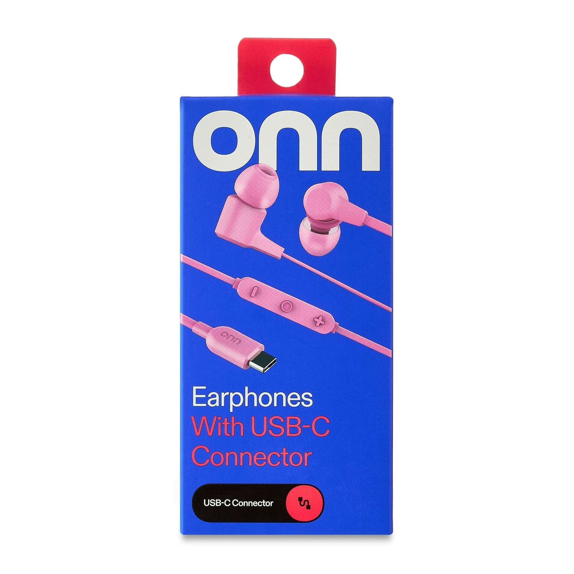 onn. Pink Wired Earphones with USB-C and Microphone - Image 3