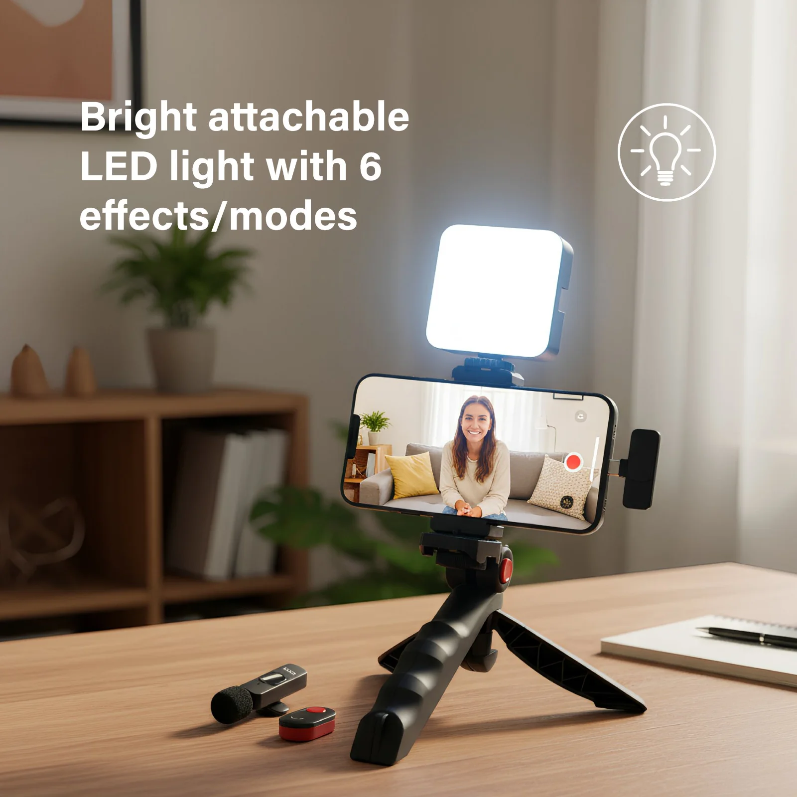 onn Portable LED Video Light Kit with Tripod Grip, Smartphone Holder & Bluetooth Remote for Vlogging, Streaming, and Photography - Image 3