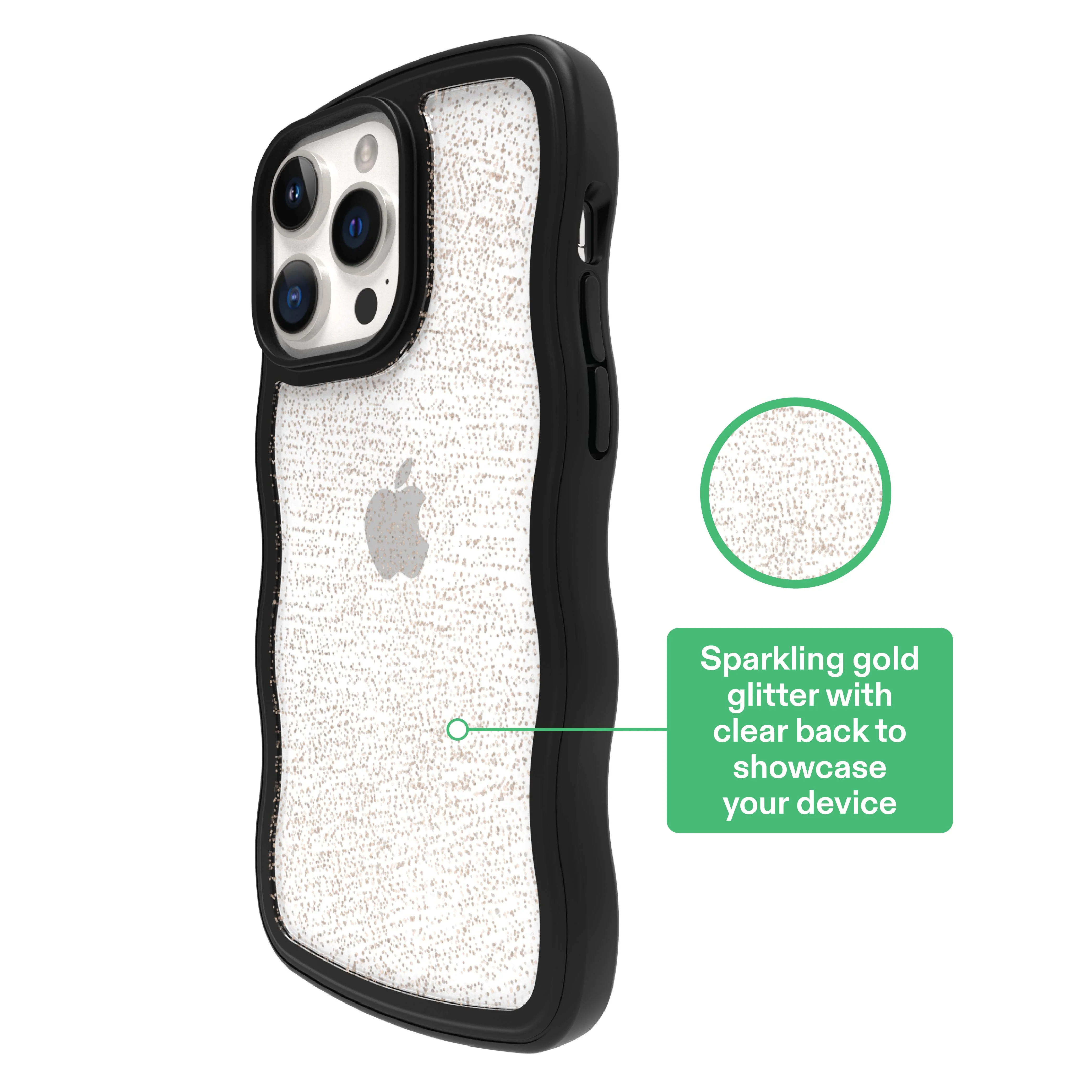 onn Wavy Grip Phone Case for iPhone 14 Pro Max / iPhone 13 Pro Max / iPhone 12 Pro Max - Black/Gold Glitter - Image 2
