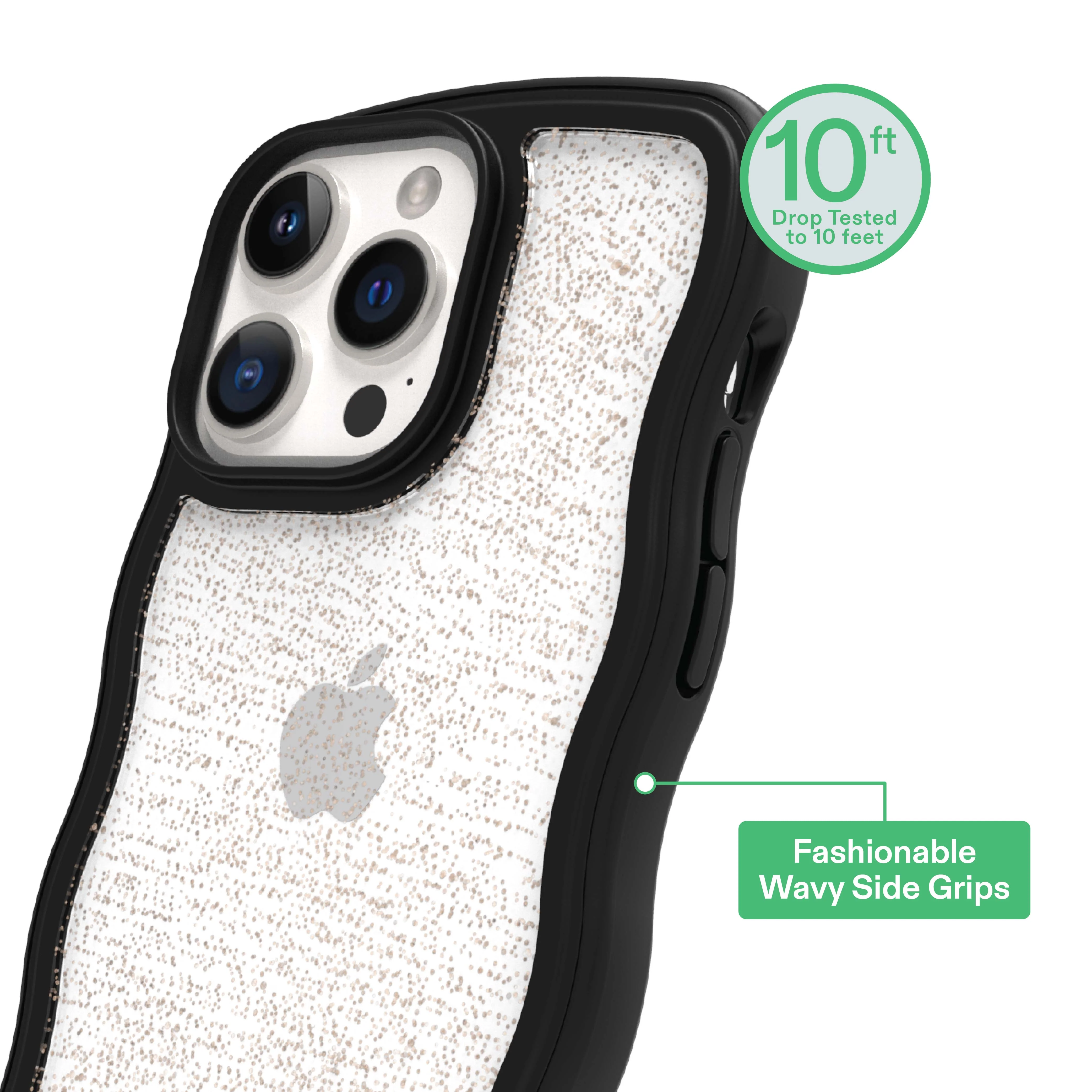 onn Wavy Grip Phone Case for iPhone 14 Pro Max / iPhone 13 Pro Max / iPhone 12 Pro Max - Black/Gold Glitter - Image 3