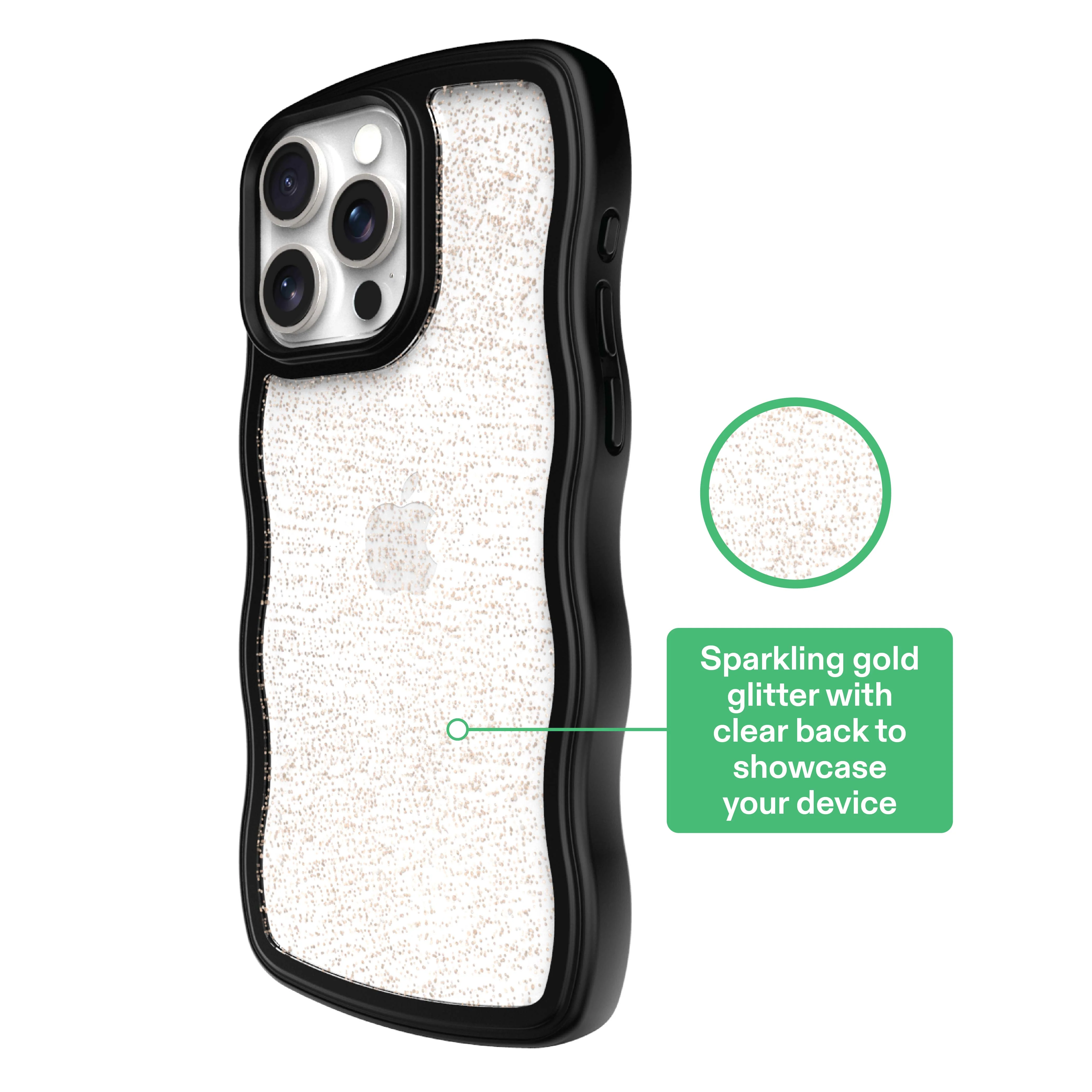 onn Wavy Grip Phone Case for iPhone 15 Pro Max - Black/Gold Glitter - Image 2