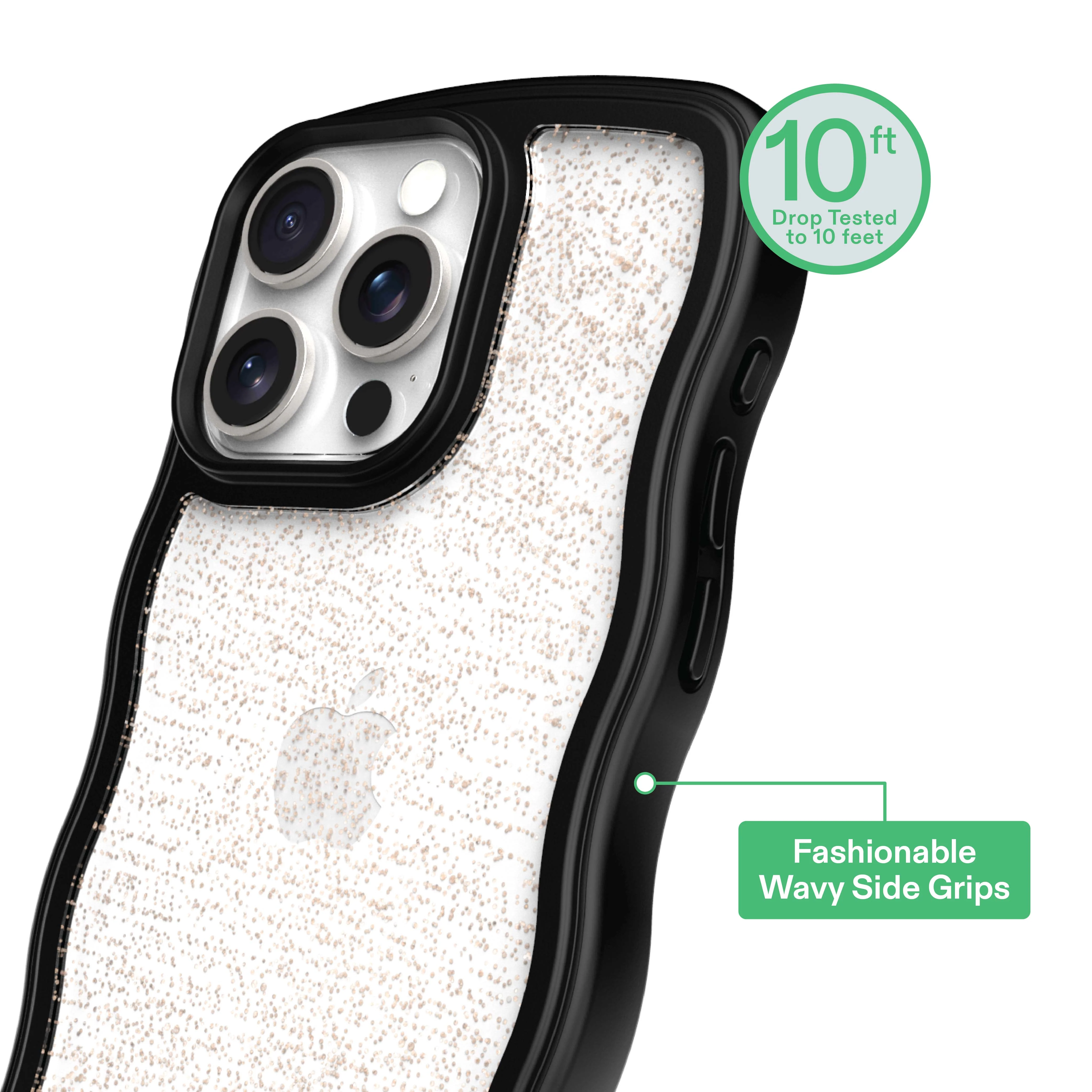 onn Wavy Grip Phone Case for iPhone 15 Pro Max - Black/Gold Glitter - Image 3