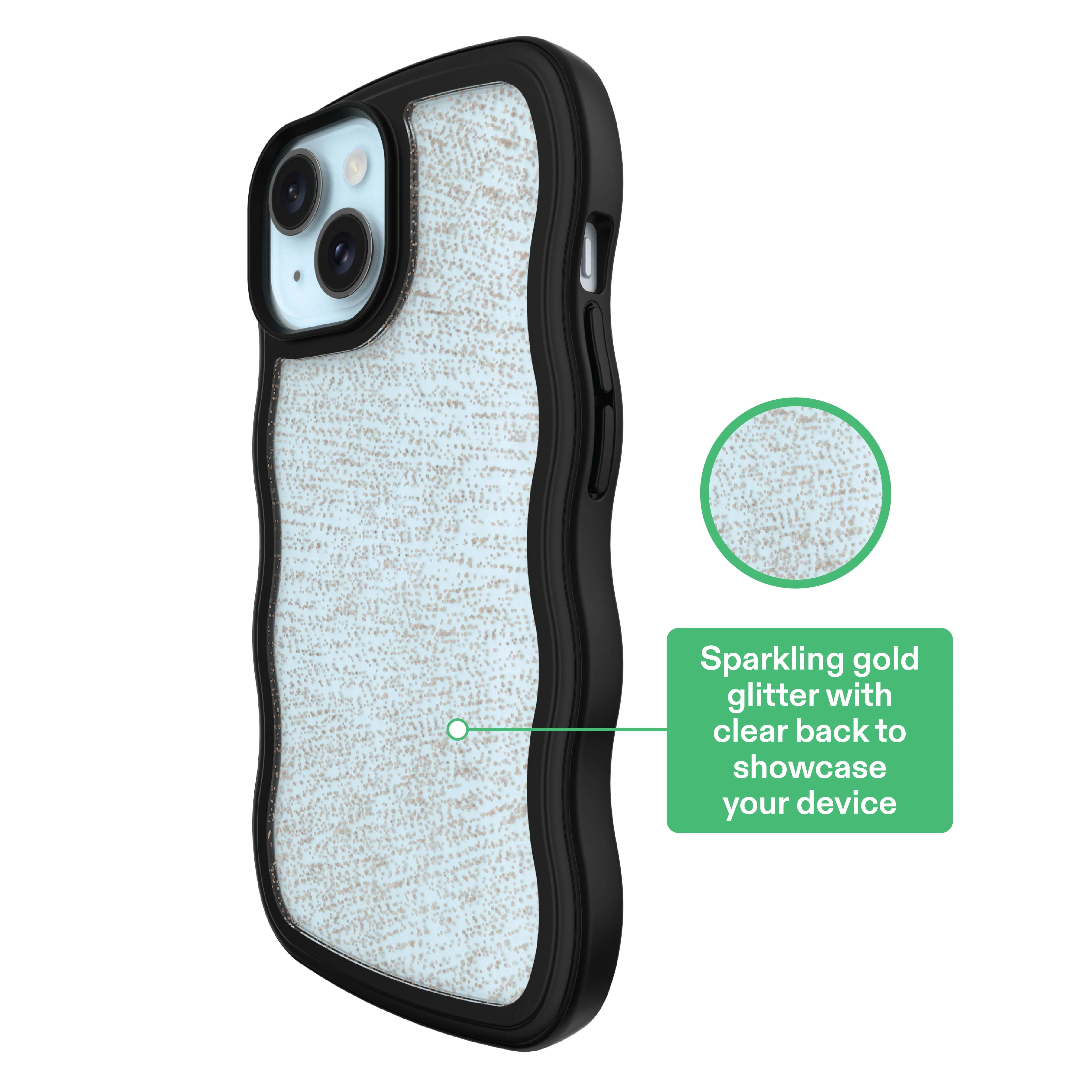 onn Wavy Grip Phone Case for iPhone 17e / iPhone 16e / iPhone 15 / iPhone 14 / iPhone 13 - Black/Gold Glitter - Image 2