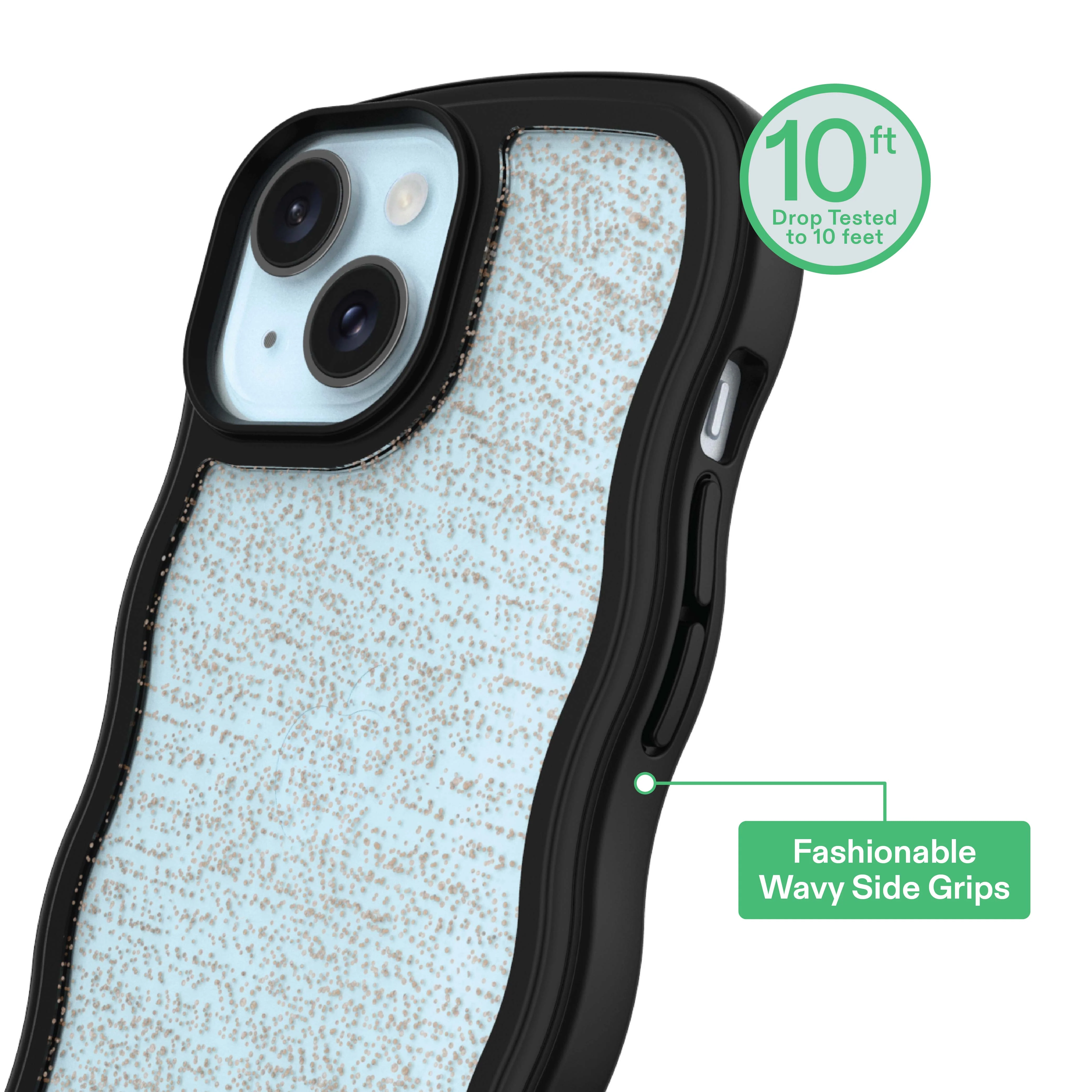 onn Wavy Grip Phone Case for iPhone 17e / iPhone 16e / iPhone 15 / iPhone 14 / iPhone 13 - Black/Gold Glitter - Image 3