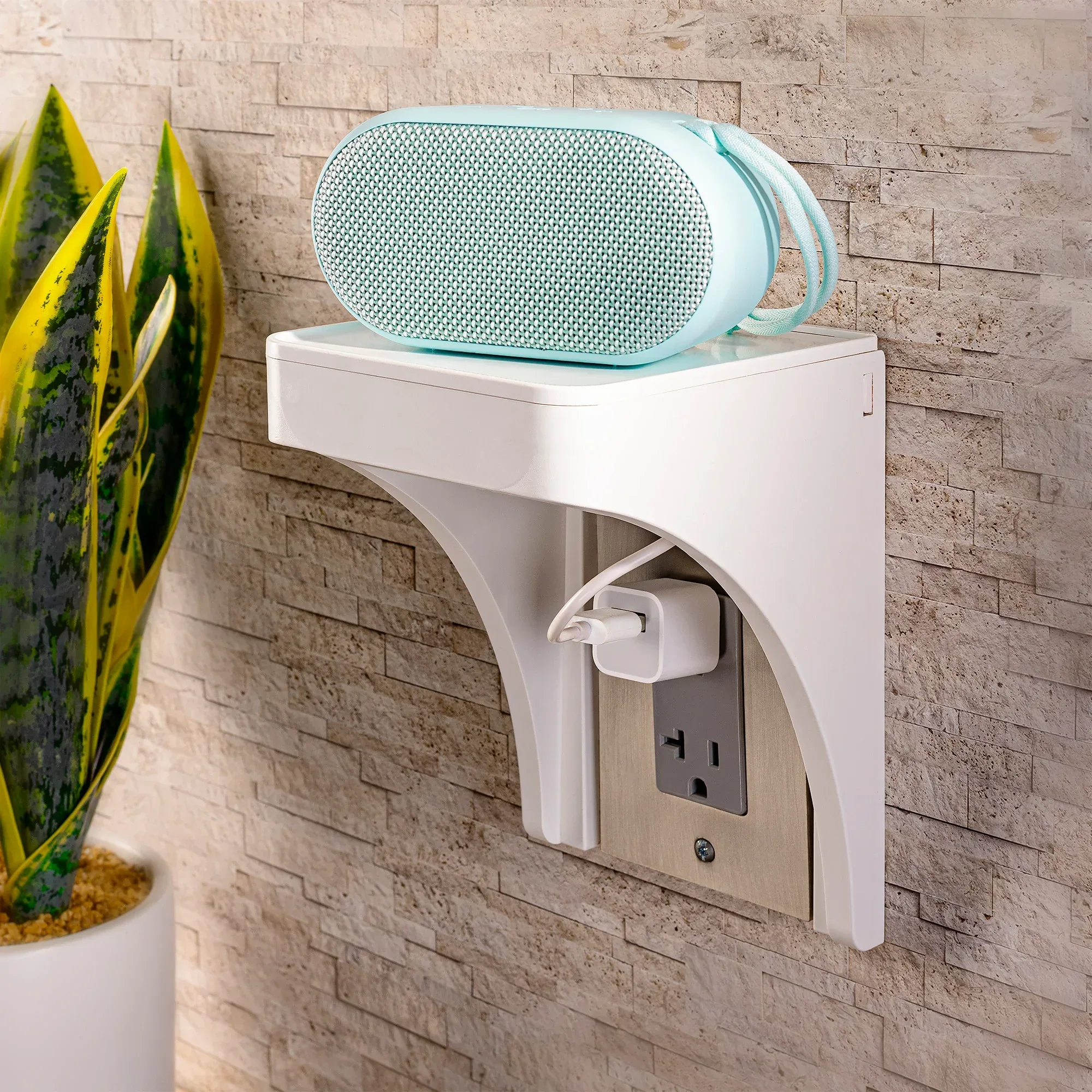 onn. White Outlet Shelf with Power Cord Storage Compartment - Image 9