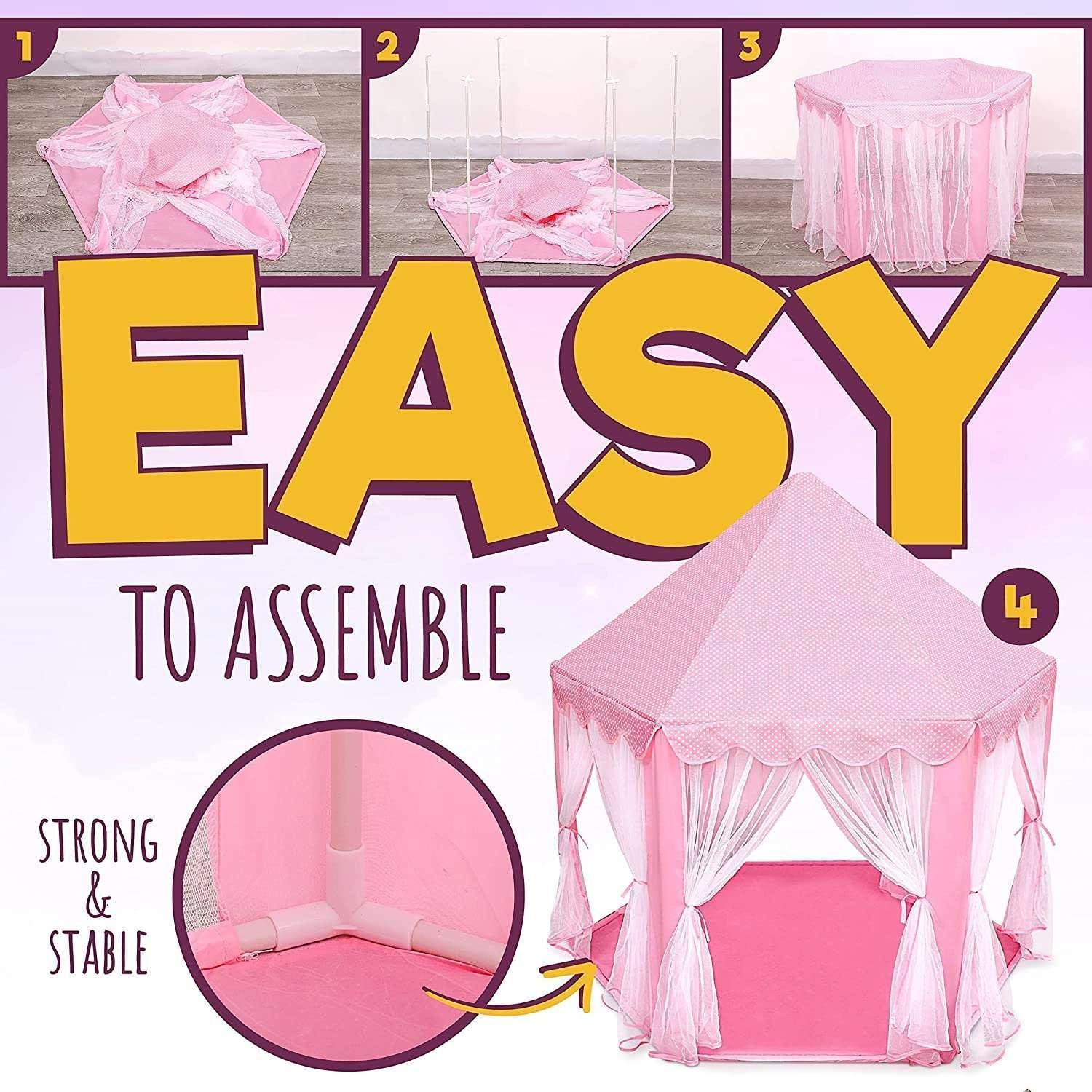 ORIAN Princess Castle Playhouse Tent for Girls with LED Star Lights – Indoor & Outdoor Large Kids Play Tent for Imaginative Games – Princess Tent, 230 Polyester Taffeta. Pink 55"x53". - Image 3
