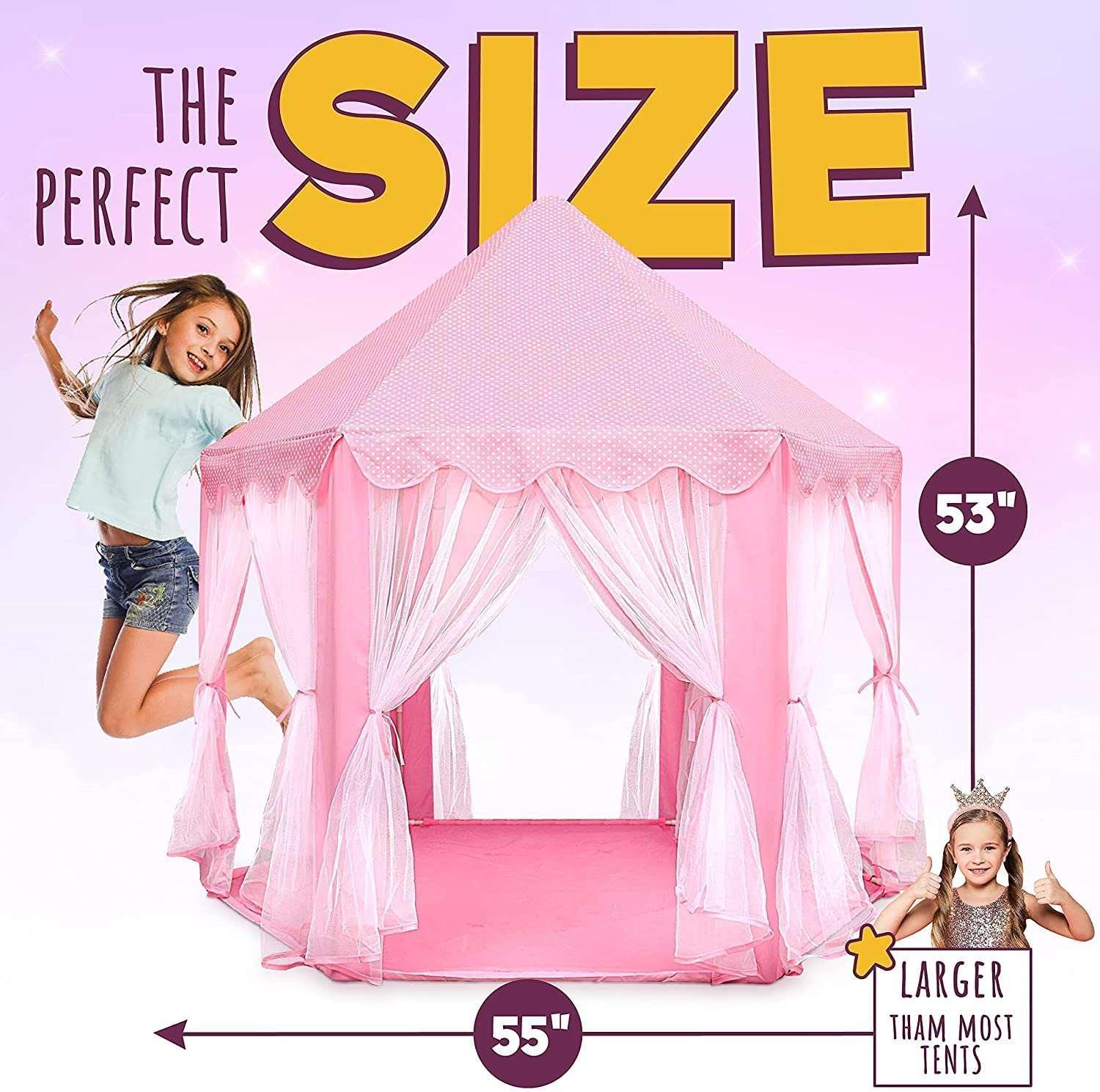 ORIAN Princess Castle Playhouse Tent for Girls with LED Star Lights – Indoor & Outdoor Large Kids Play Tent for Imaginative Games – Princess Tent, 230 Polyester Taffeta. Pink 55"x53". - Image 4