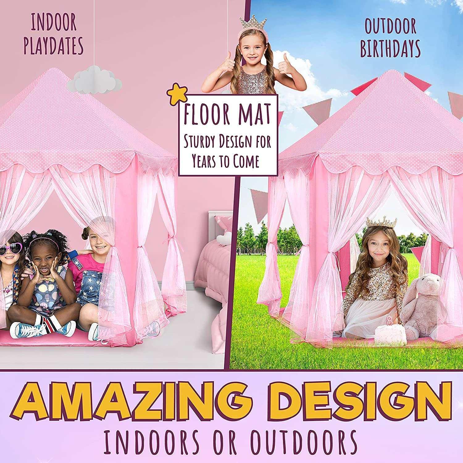 ORIAN Princess Castle Playhouse Tent for Girls with LED Star Lights – Indoor & Outdoor Large Kids Play Tent for Imaginative Games – Princess Tent, 230 Polyester Taffeta. Pink 55"x53". - Image 5