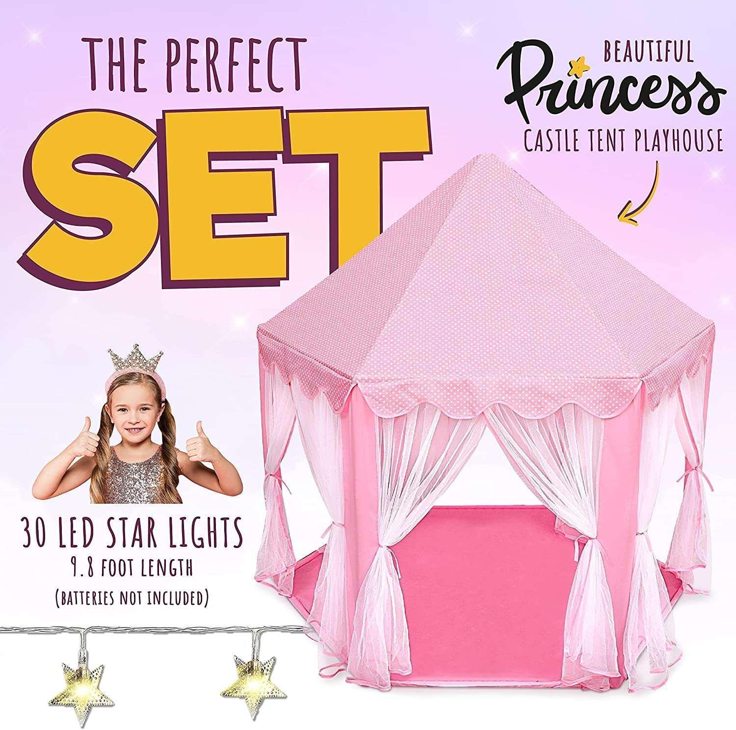 ORIAN Princess Castle Playhouse Tent for Girls with LED Star Lights – Indoor & Outdoor Large Kids Play Tent for Imaginative Games – Princess Tent, 230 Polyester Taffeta. Pink 55"x53". - Image 6