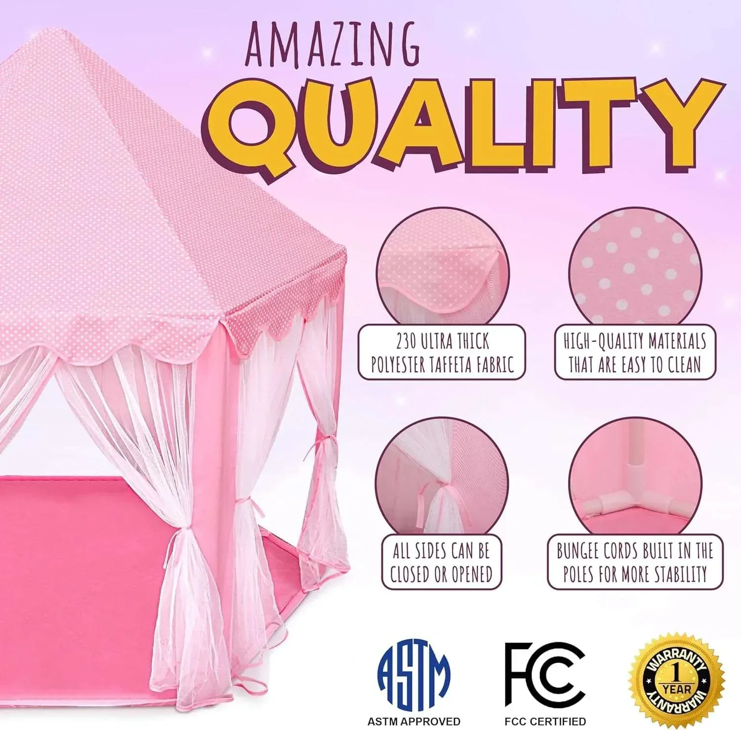 ORIAN Princess Castle Playhouse Tent for Girls with LED Star Lights – Indoor & Outdoor Large Kids Play Tent for Imaginative Games – Princess Tent, 230 Polyester Taffeta. Pink 55"x53". - Image 7