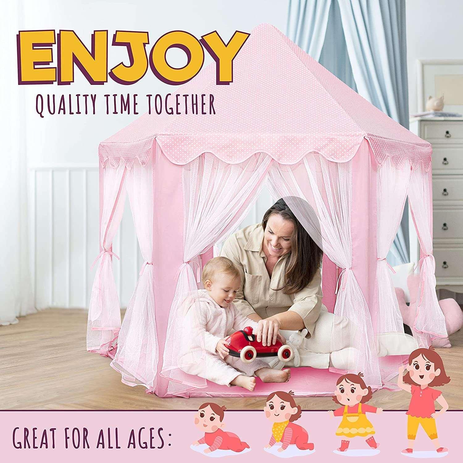 ORIAN Princess Castle Playhouse Tent for Girls with LED Star Lights – Indoor & Outdoor Large Kids Play Tent for Imaginative Games – Princess Tent, 230 Polyester Taffeta. Pink 55"x53". - Image 8