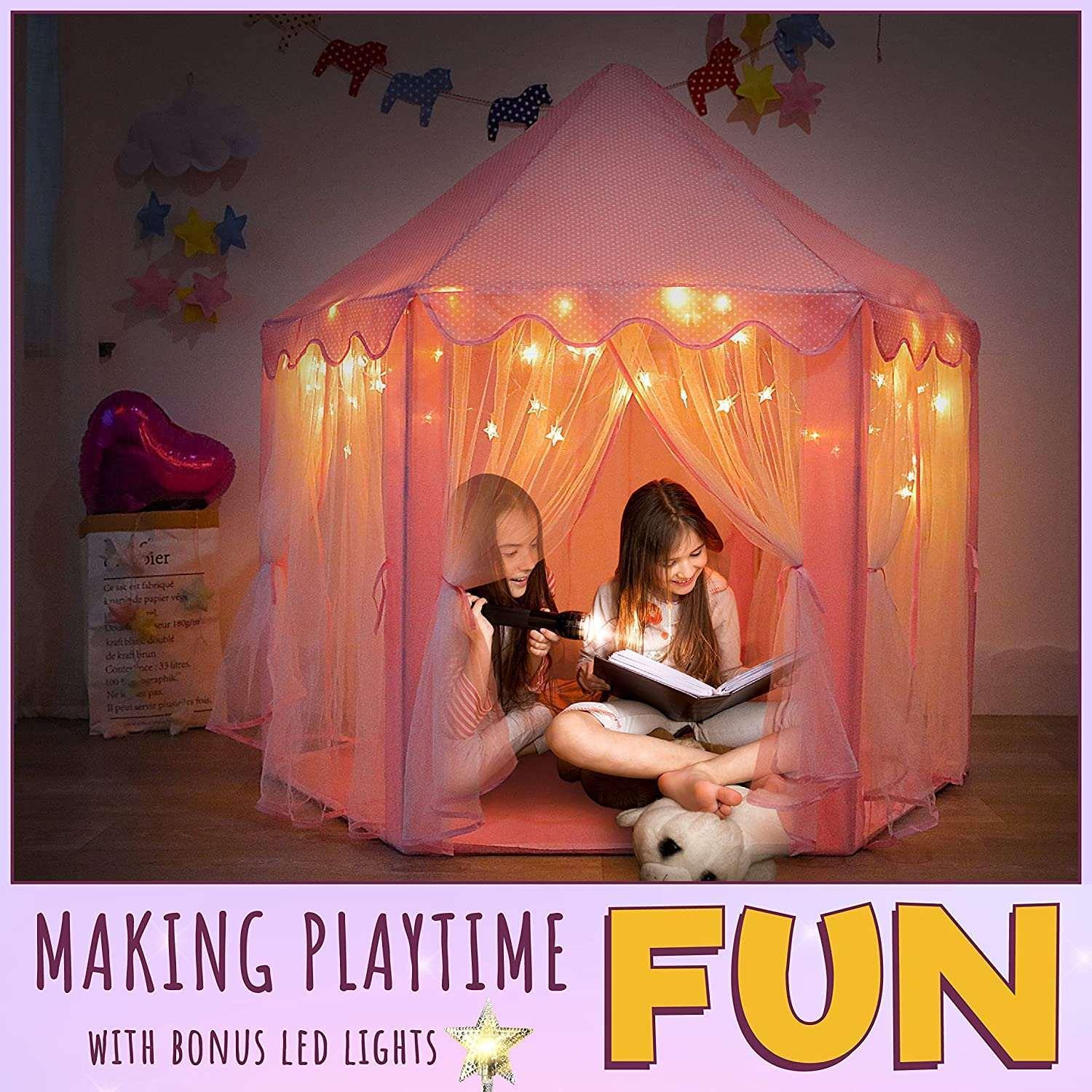 ORIAN Princess Castle Playhouse Tent for Girls with LED Star Lights – Indoor & Outdoor Large Kids Play Tent for Imaginative Games – Princess Tent, 230 Polyester Taffeta. Pink 55"x53". - Image 9