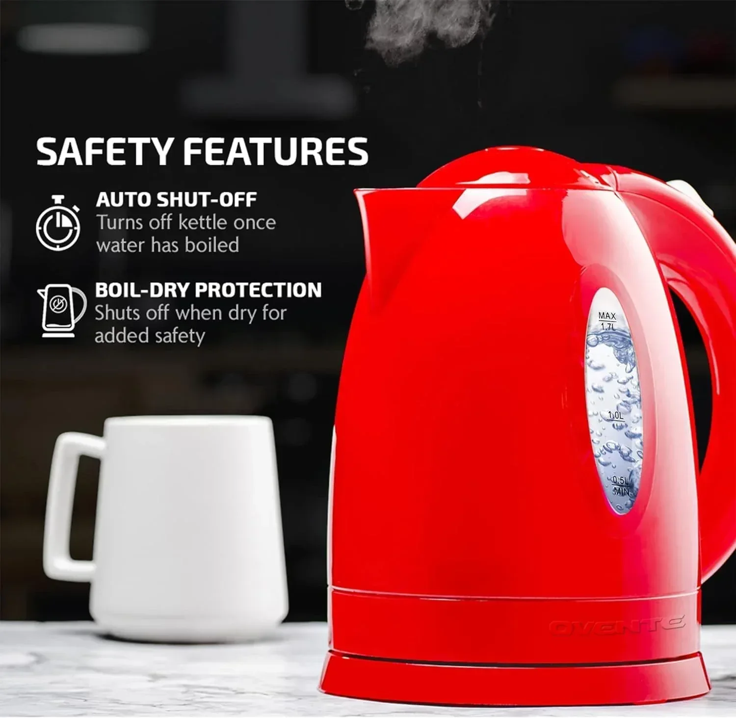 OVENTE Electric Kettle 1.7 Liter – BPA-Free Cordless Hot Water Kettle – Black (KP72B) - Image 4