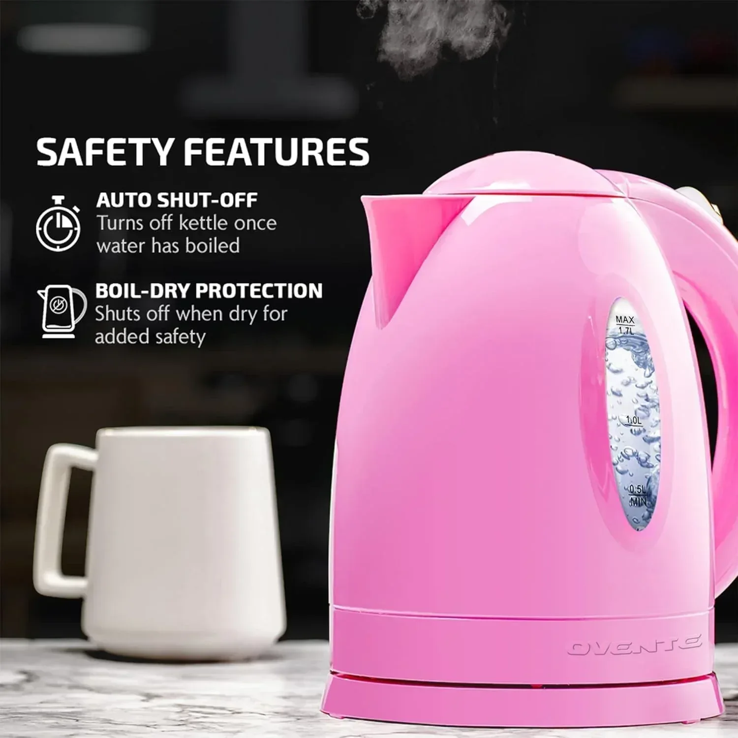 OVENTE Electric Kettle 1.7 Liter – BPA-Free Cordless Hot Water Kettle – Black (KP72B) - Image 8